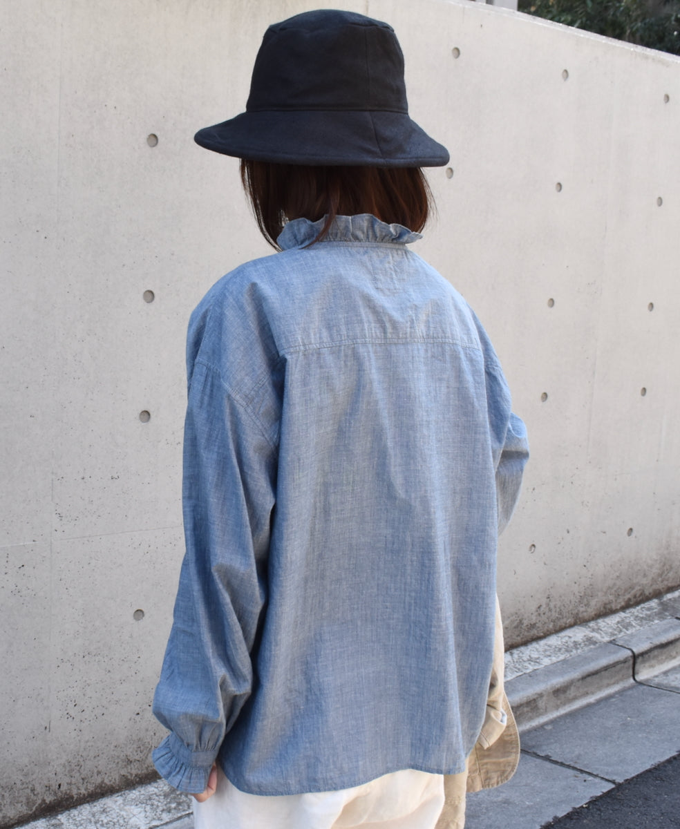 INMDS25062 HANDWOVEN YARN DYE NATURAL INDIGO CHAMBRAY FRILL COLLAR SHIRT