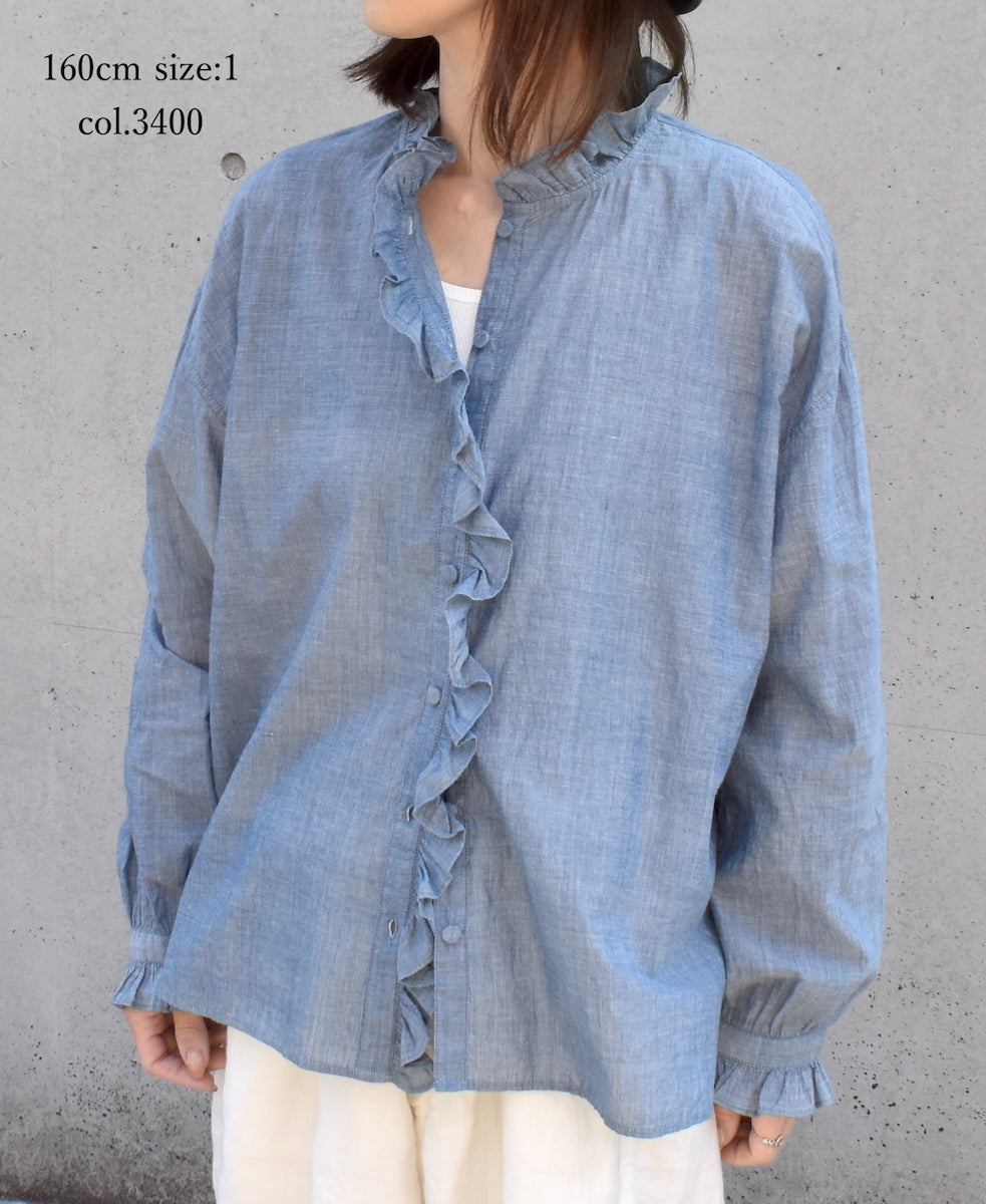 INMDS25062 HANDWOVEN YARN DYE NATURAL INDIGO CHAMBRAY FRILL COLLAR SHIRT