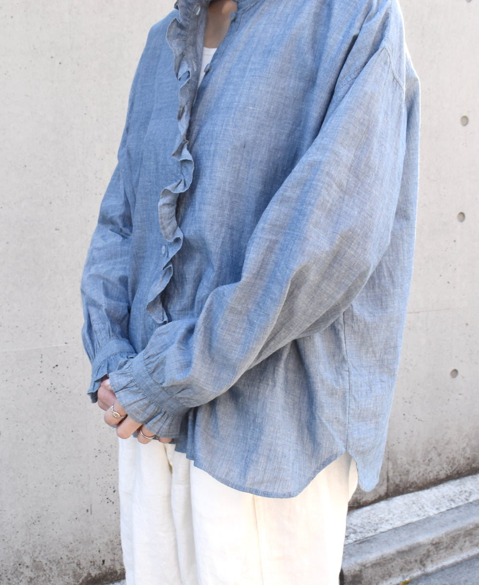 INMDS25062 HANDWOVEN YARN DYE NATURAL INDIGO CHAMBRAY FRILL COLLAR SHIRT
