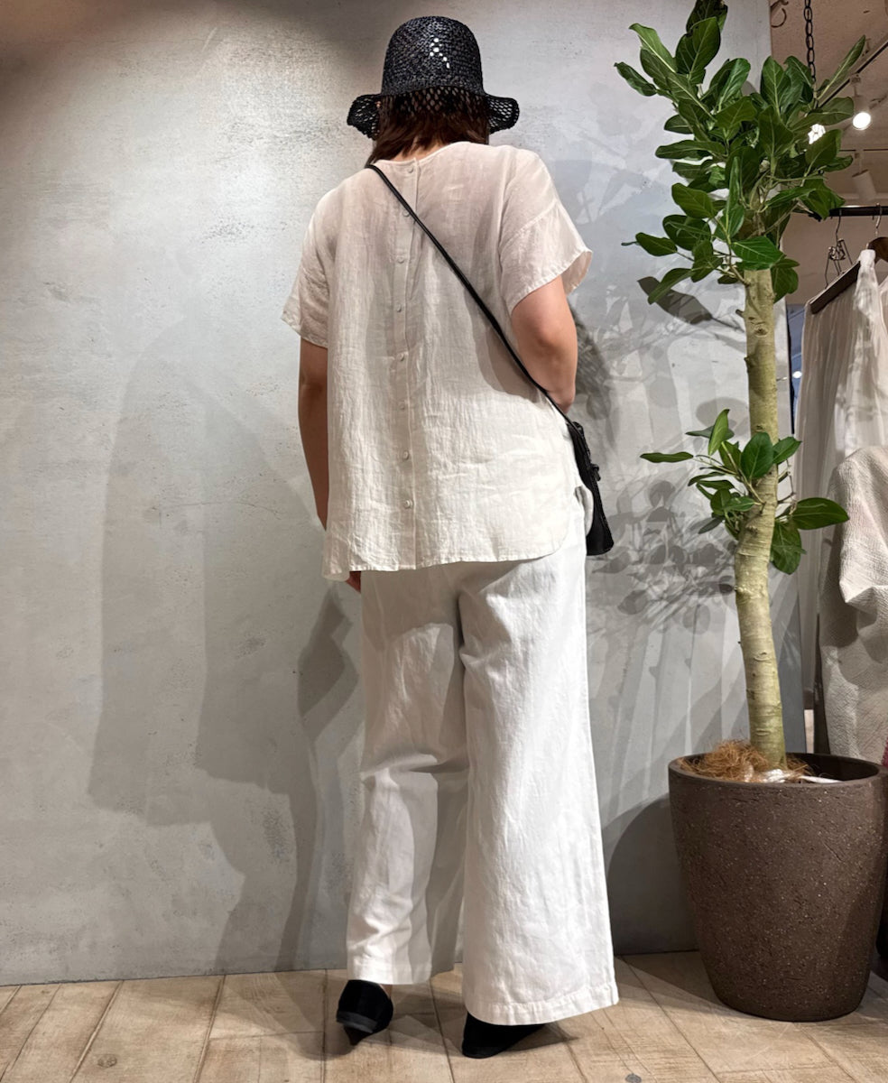 NMDS25242 80s POWER LOOM LINEN PLAIN BACK OPENING CREW-NECK S/SL EMB SHIRT