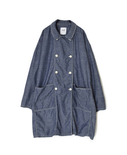 ISNAM2602CB NAVY (INDIGO) CHAMBRAY ROUND COLLAR DOUBLE LONG JACKET