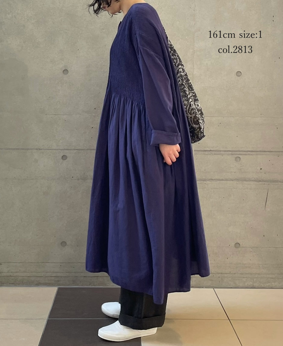 NMDS26234D 80s ORGANIC MICRO CHECK OVERDYE CREW-NECK BUTTON SHIRT MAXI DRESS WITH MINI PINTUCK