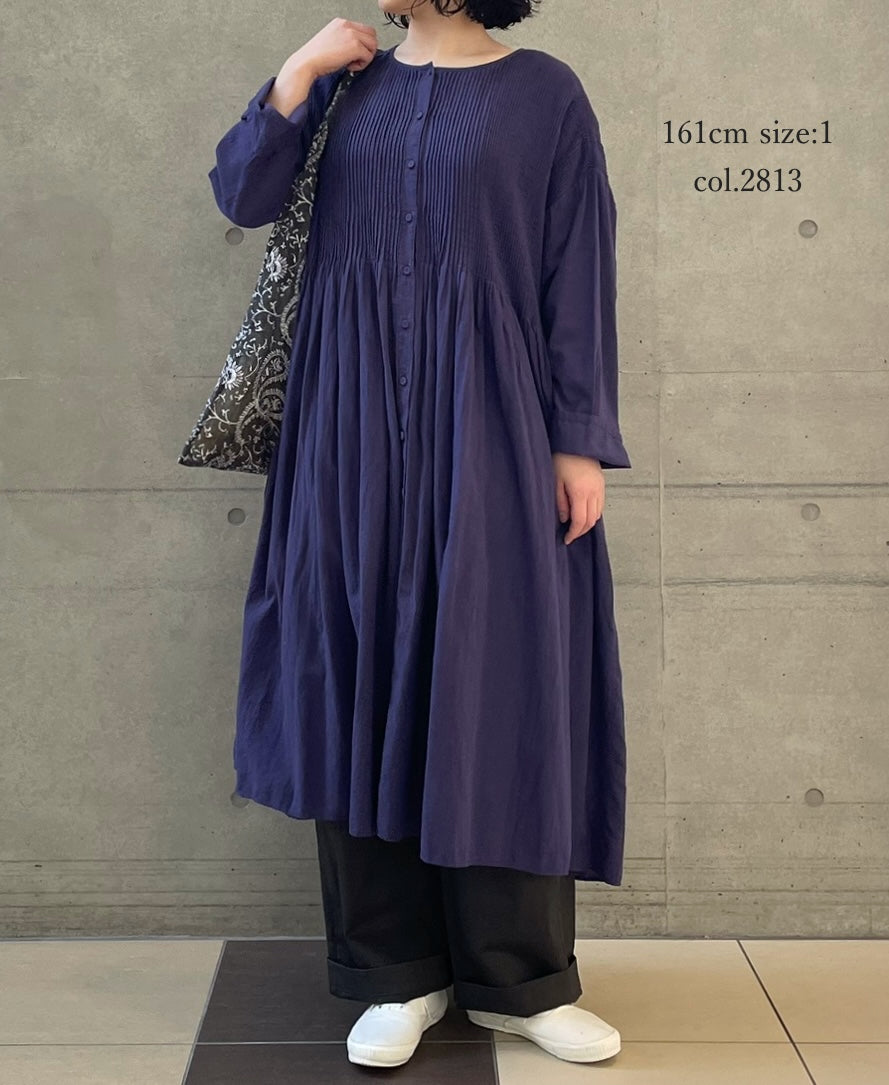 NMDS26234D 80s ORGANIC MICRO CHECK OVERDYE CREW-NECK BUTTON SHIRT MAXI DRESS WITH MINI PINTUCK