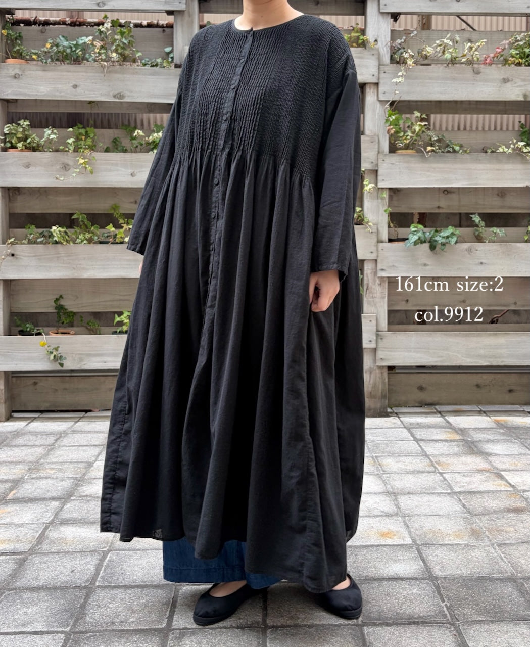 NMDS26234D 80s ORGANIC MICRO CHECK OVERDYE CREW-NECK BUTTON SHIRT MAXI DRESS WITH MINI PINTUCK