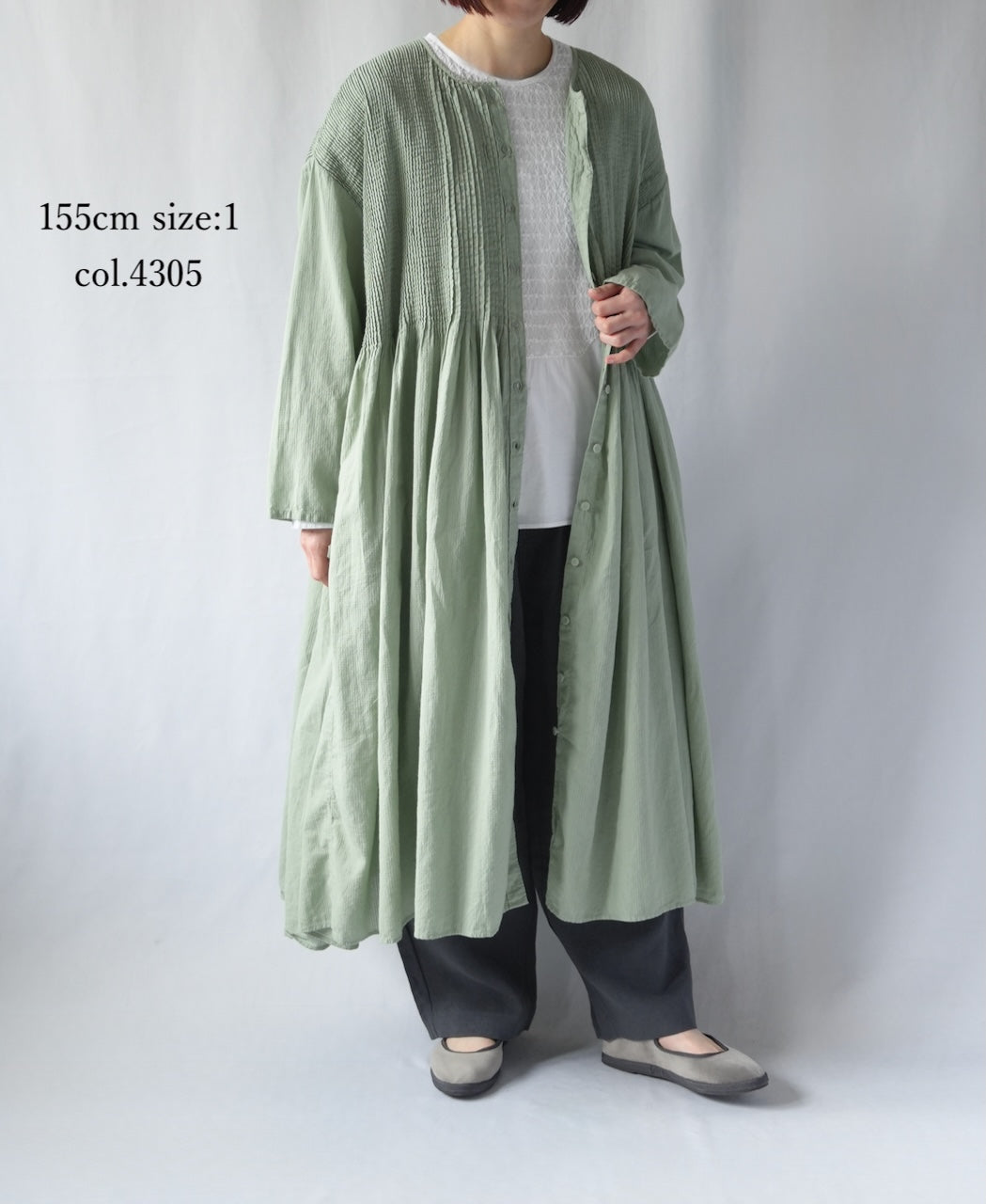 NMDS26234D 80s ORGANIC MICRO CHECK OVERDYE CREW-NECK BUTTON SHIRT MAXI DRESS WITH MINI PINTUCK
