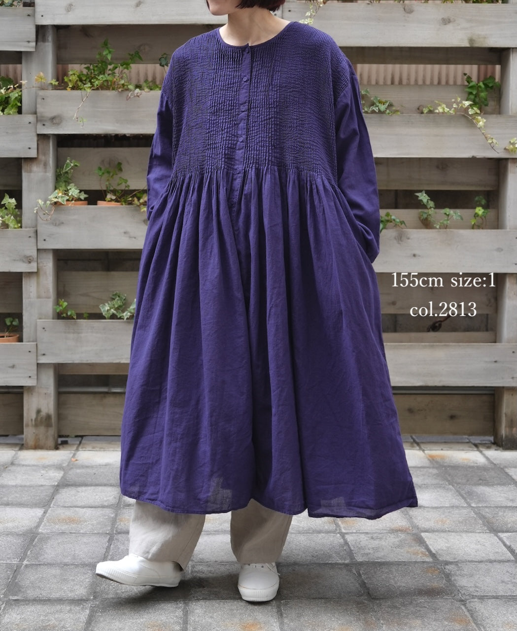 NMDS26234D 80s ORGANIC MICRO CHECK OVERDYE CREW-NECK BUTTON SHIRT MAXI DRESS WITH MINI PINTUCK