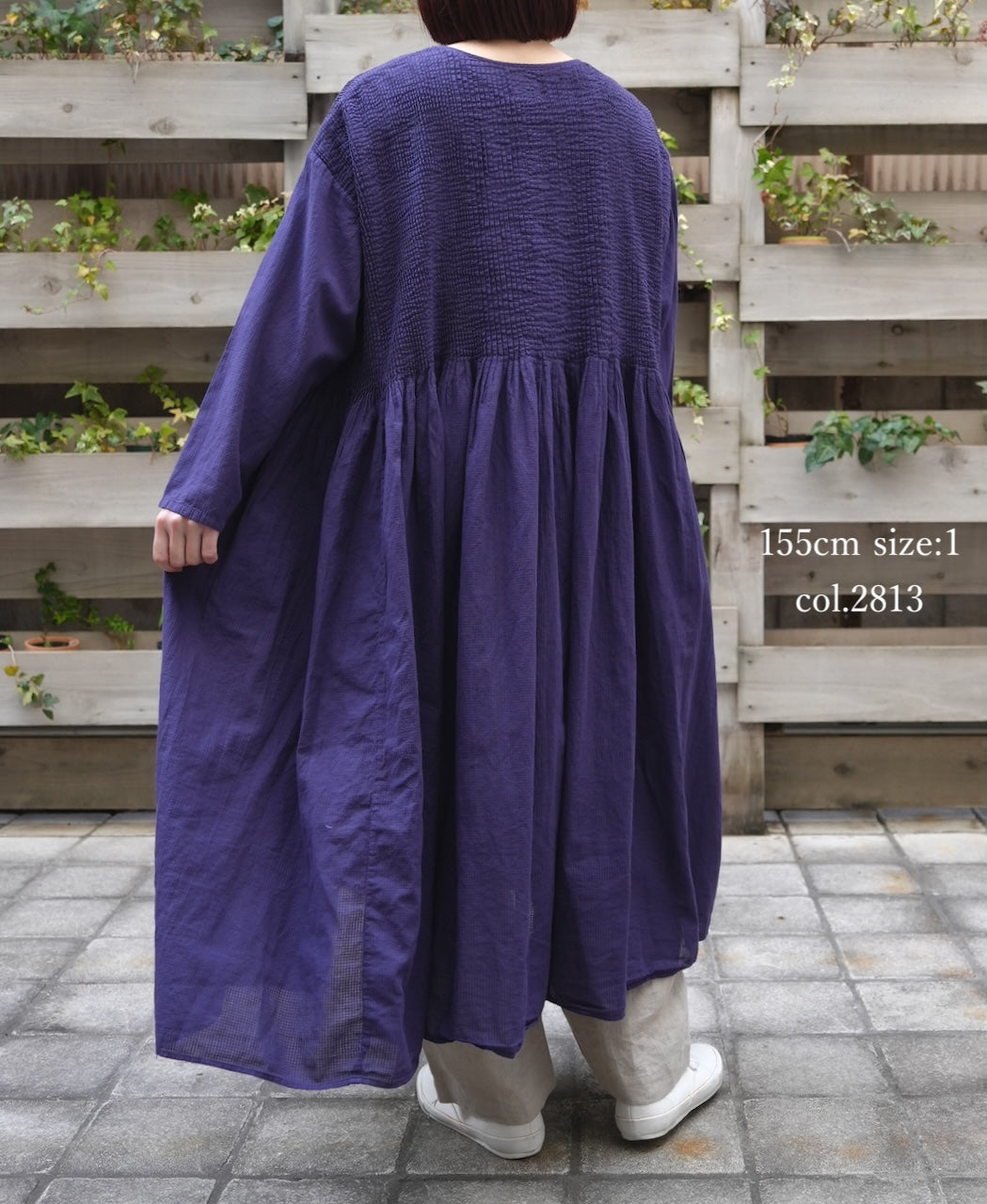 NMDS26234D 80s ORGANIC MICRO CHECK OVERDYE CREW-NECK BUTTON SHIRT MAXI DRESS WITH MINI PINTUCK