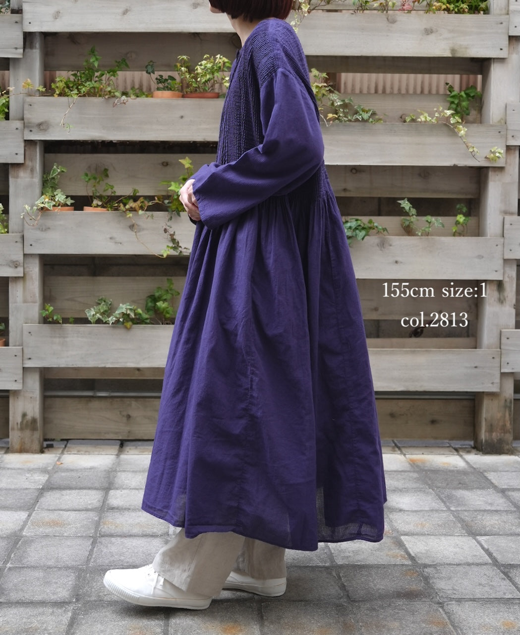 NMDS26234D 80s ORGANIC MICRO CHECK OVERDYE CREW-NECK BUTTON SHIRT MAXI DRESS WITH MINI PINTUCK
