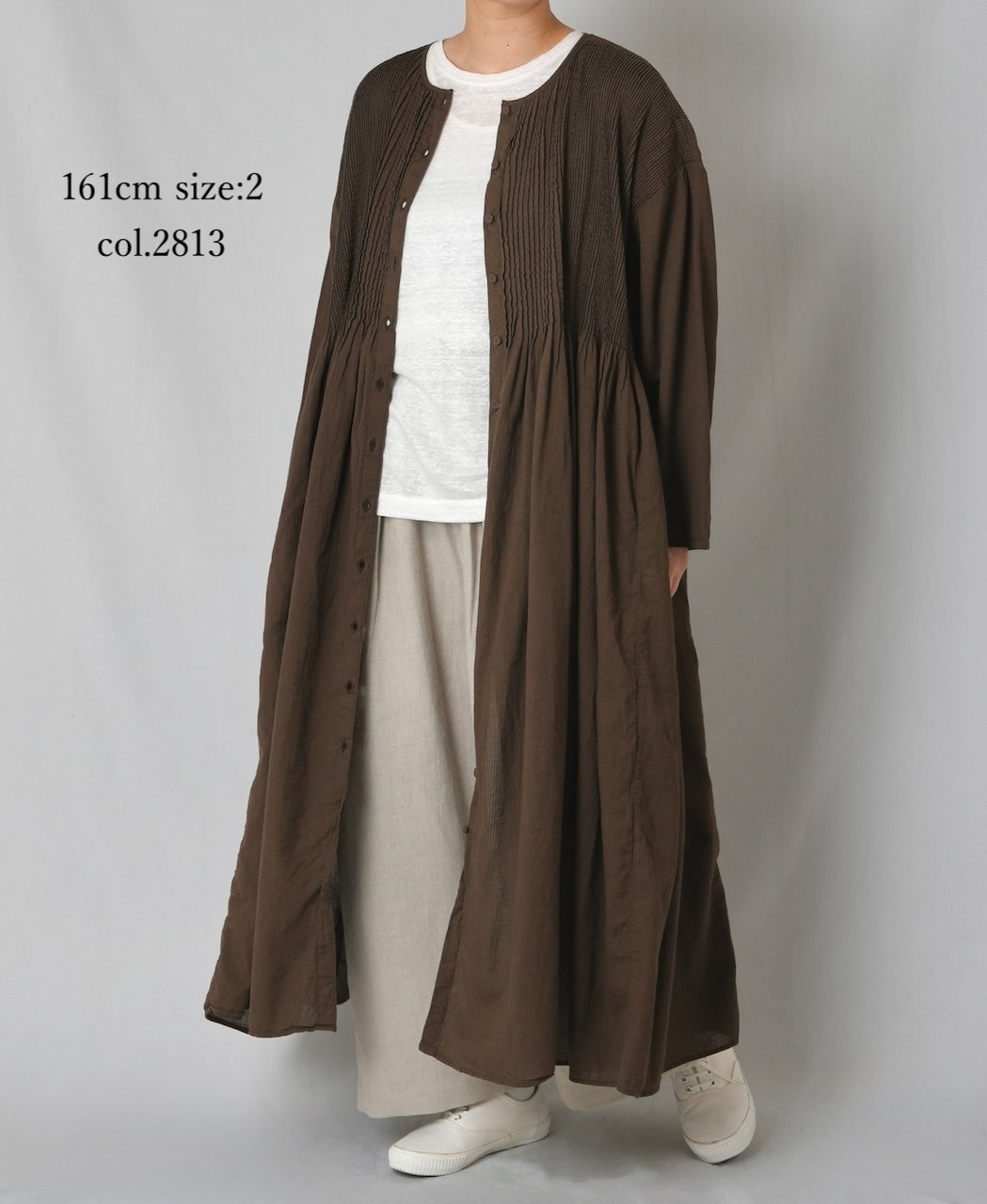 NMDS26234D 80s ORGANIC MICRO CHECK OVERDYE CREW-NECK BUTTON SHIRT MAXI DRESS WITH MINI PINTUCK