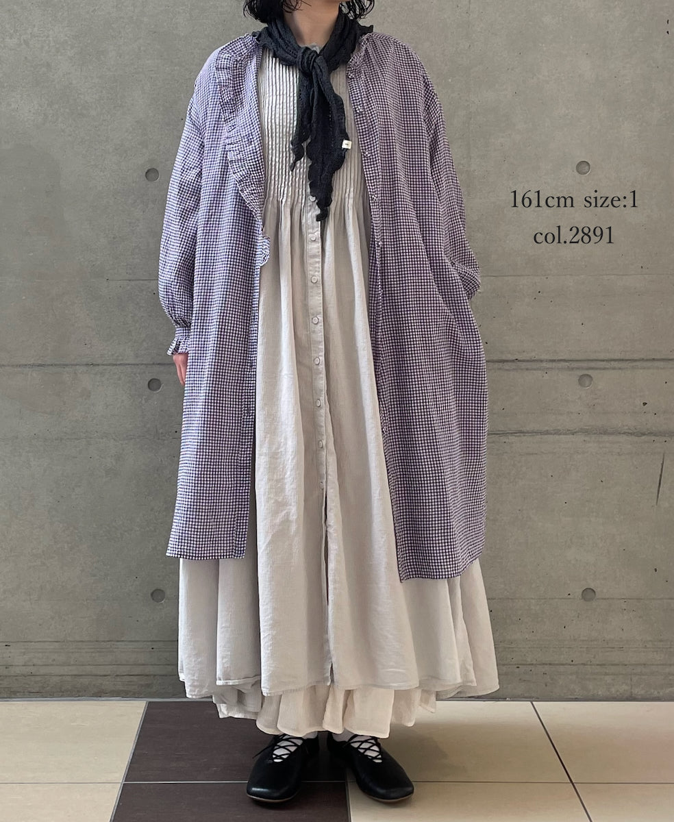 INMDS26023 HANDWOVEN COTTON/SILK SMALL GINGHAM CHECK FRILL COLLAR LONG SHIRTS