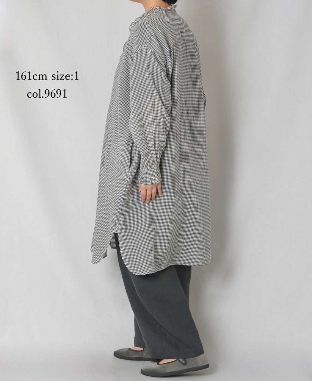 INMDS26023 HANDWOVEN COTTON/SILK SMALL GINGHAM CHECK FRILL COLLAR LONG SHIRTS