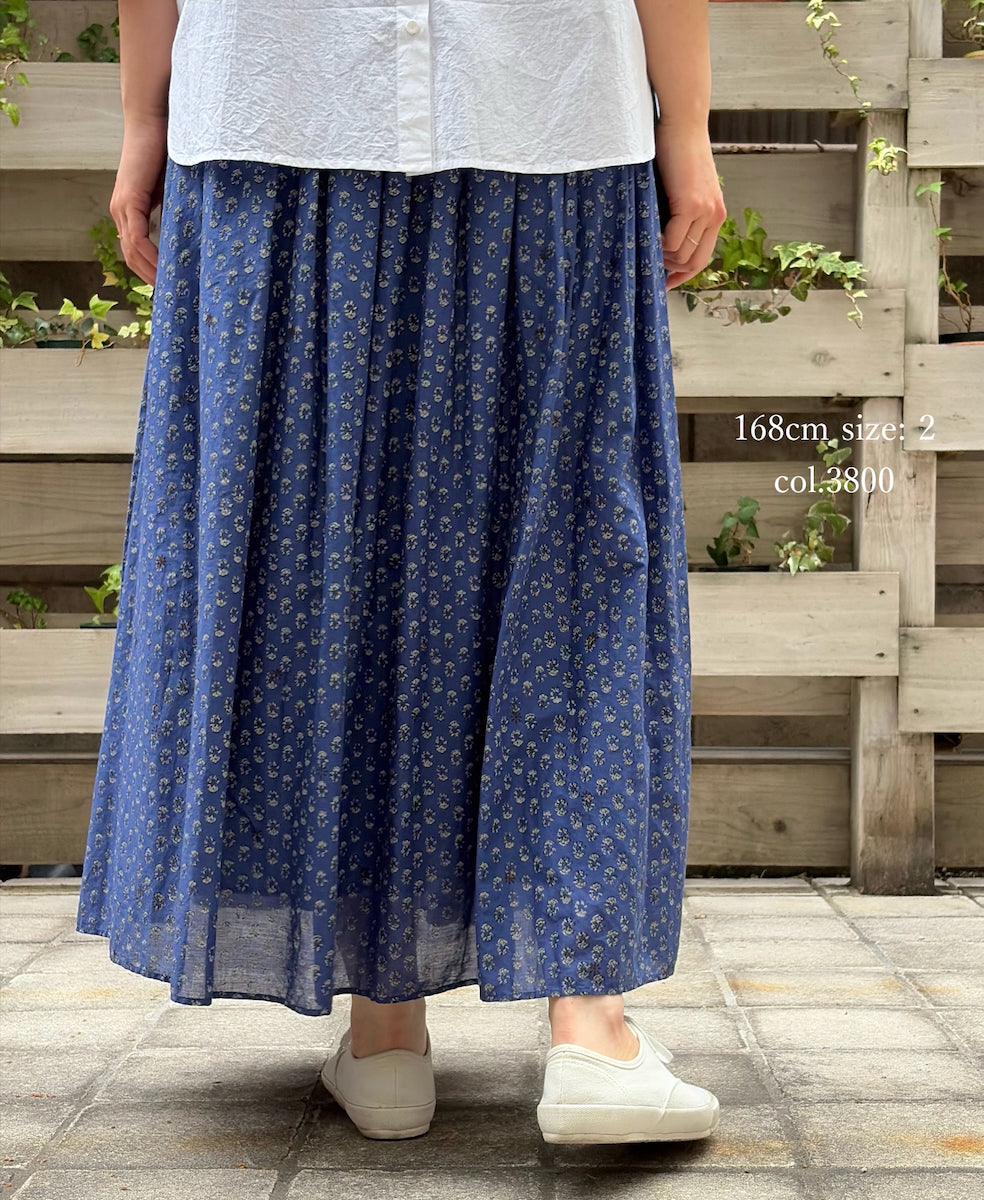NMDS26254 80s VOILE SMALL GENTIANA BLOCK PRINT GATHERED SKIRT WITH LINING