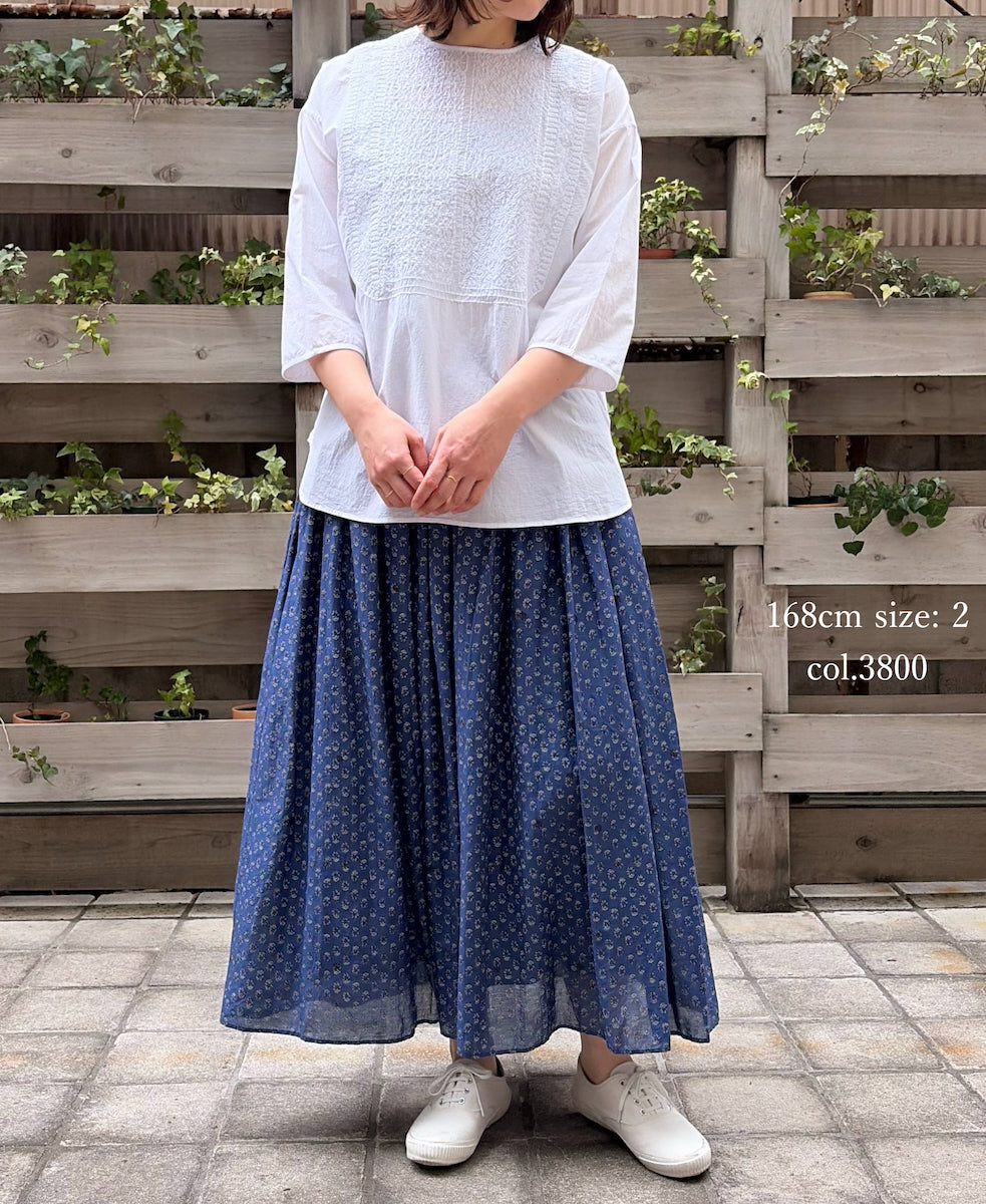 NMDS26254 80s VOILE SMALL GENTIANA BLOCK PRINT GATHERED SKIRT WITH LINING