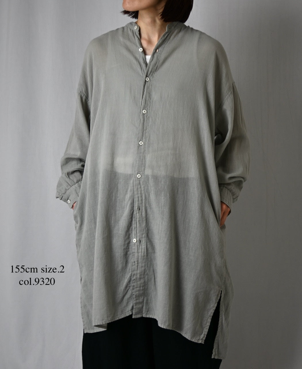 INAM2503G3D 30s GAUZE OVERDYE UTILITY BANDED COLLAR LONG SHIRT