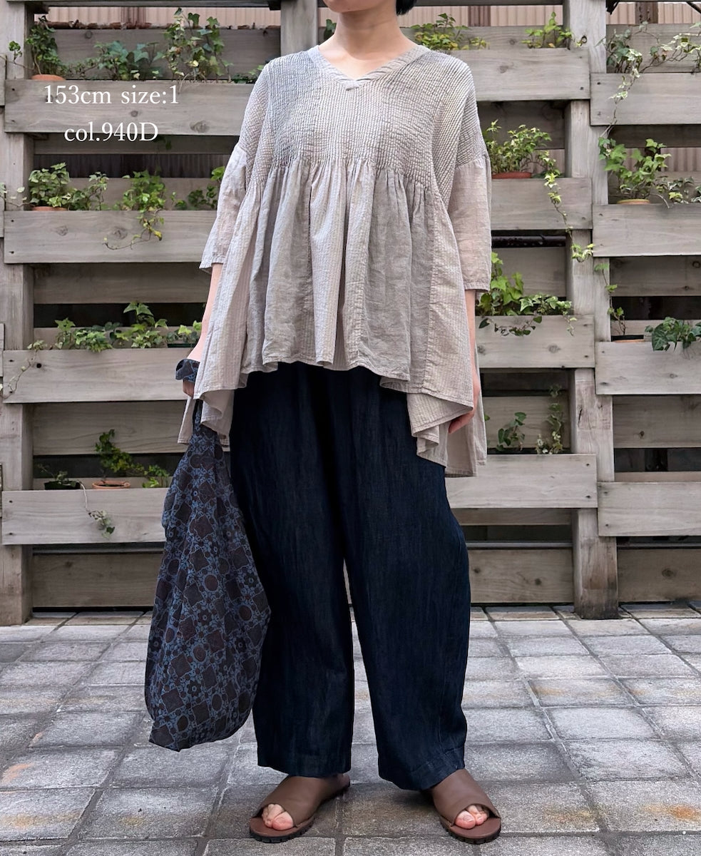 NMDS26262D ORGANIC COTTON/LINEN PATCHWORK OVERDYE V-NECK S/SLEEVE SHIRT WITH MINI PINTUCK