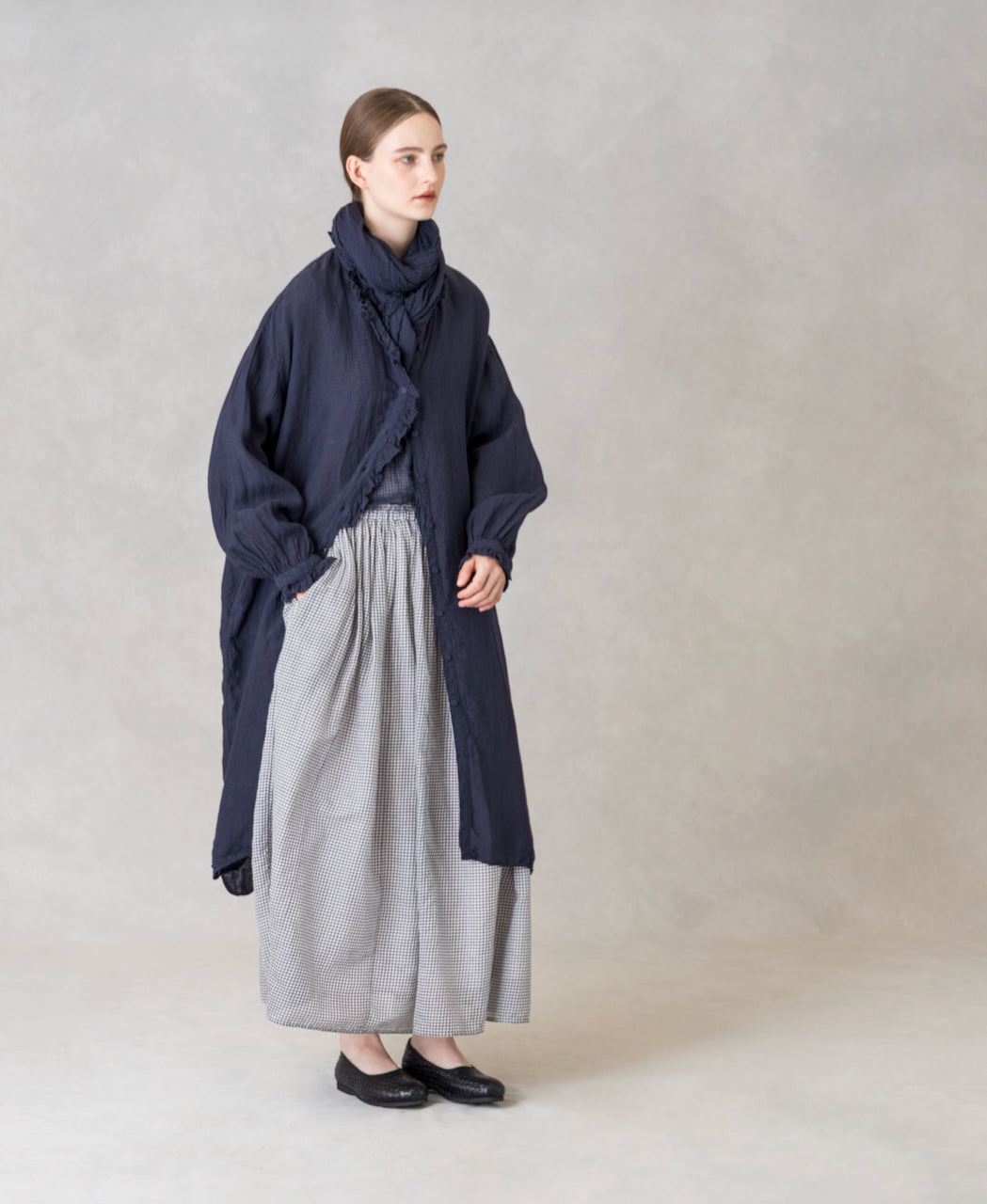 INMDS26002D 60s AUTOLOOM LINEN PLAIN OVERDYE FRILL COLLAR LONG SHIRTS