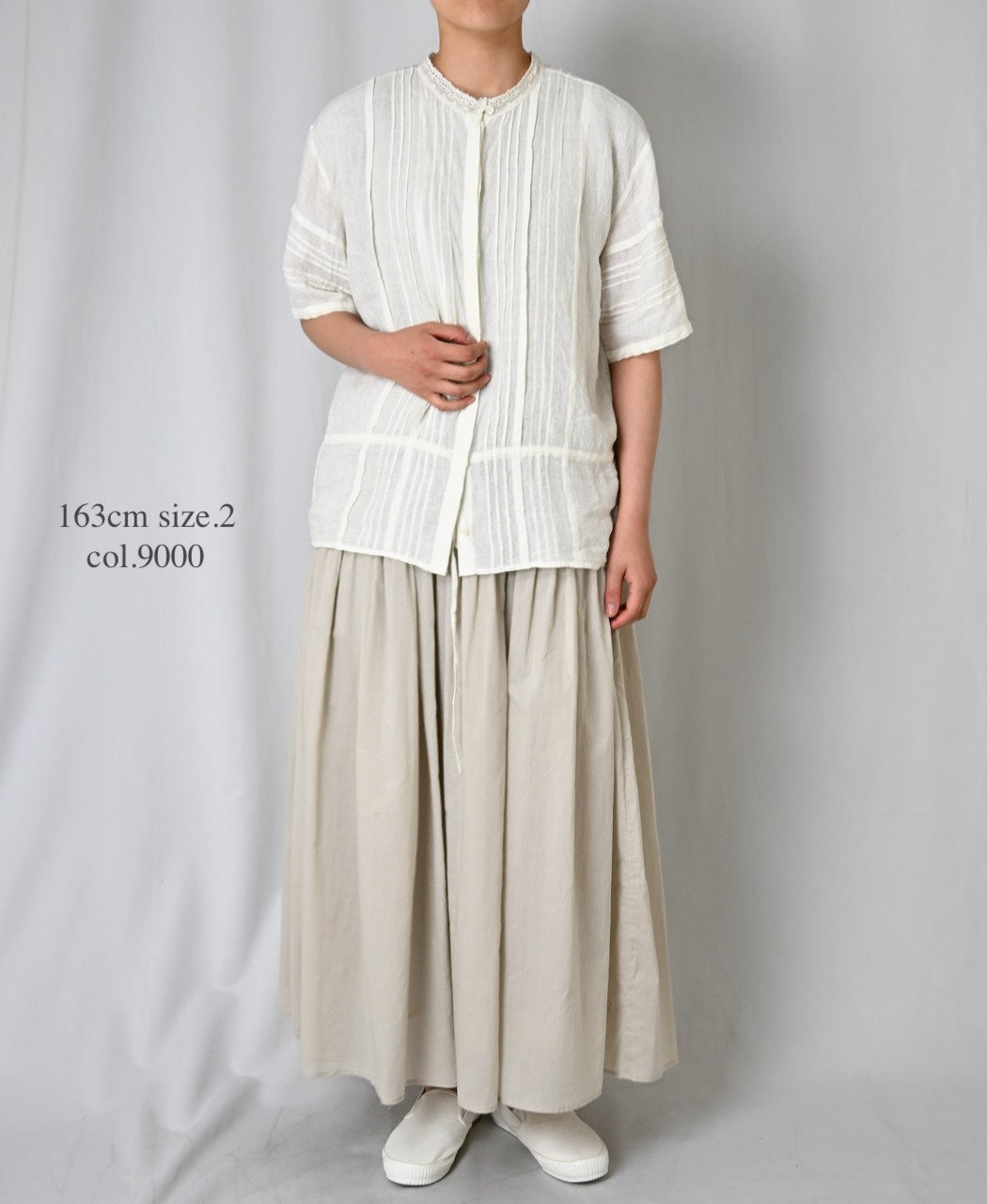 NMDS26271 80s POWER LOOM LINEN PLAIN LACE PINTUCK HALF/SLEEVE 2WAY SHIRT