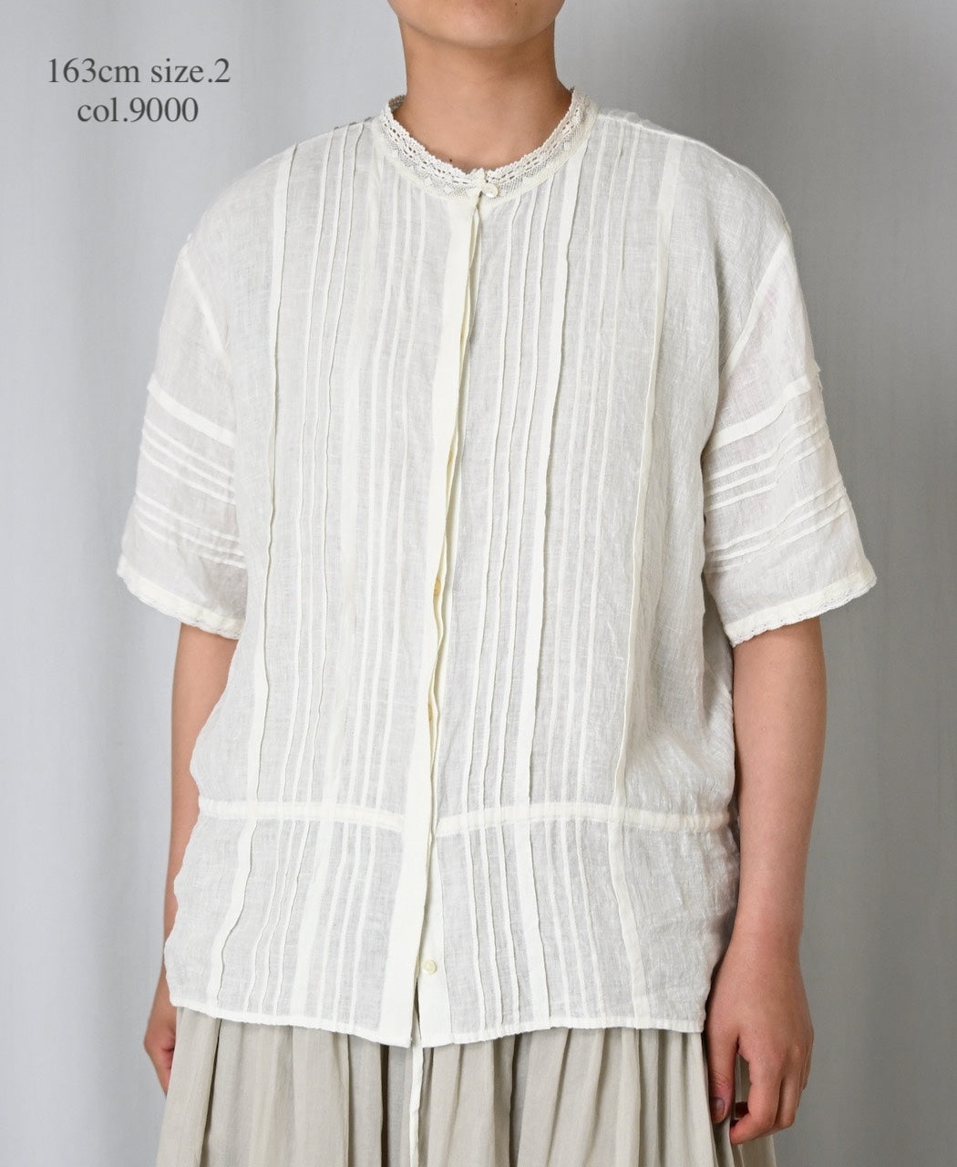 NMDS26271 80s POWER LOOM LINEN PLAIN LACE PINTUCK HALF/SLEEVE 2WAY SHIRT