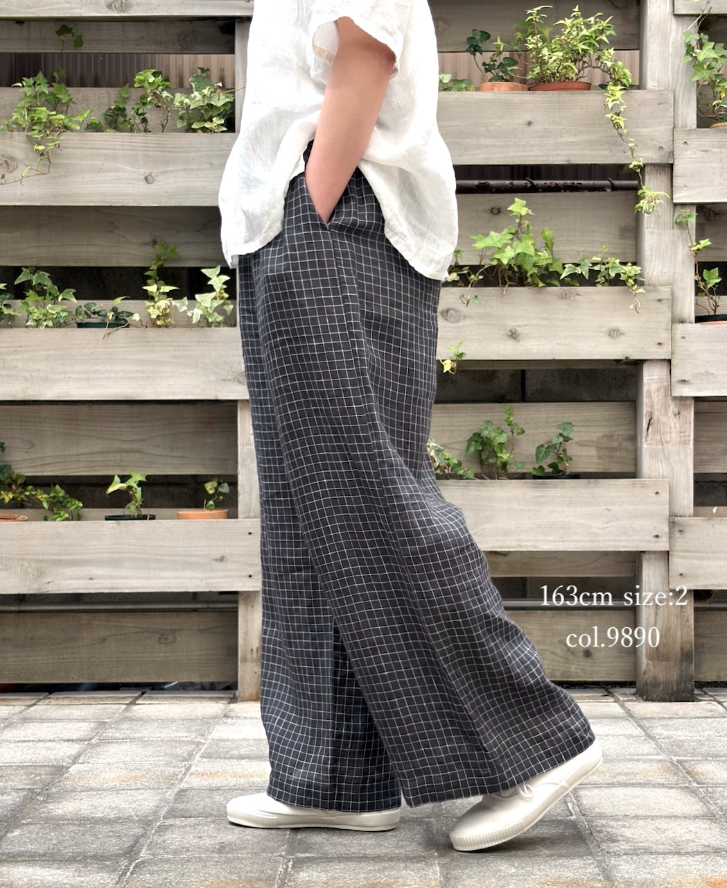 NMDS26285 80s POWER LOOM LINEN CHECK WIDE PANTS