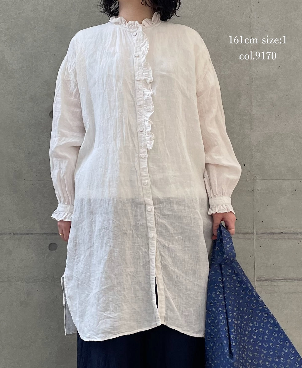 INMDS26002D 60s AUTOLOOM LINEN PLAIN OVERDYE FRILL COLLAR LONG SHIRTS