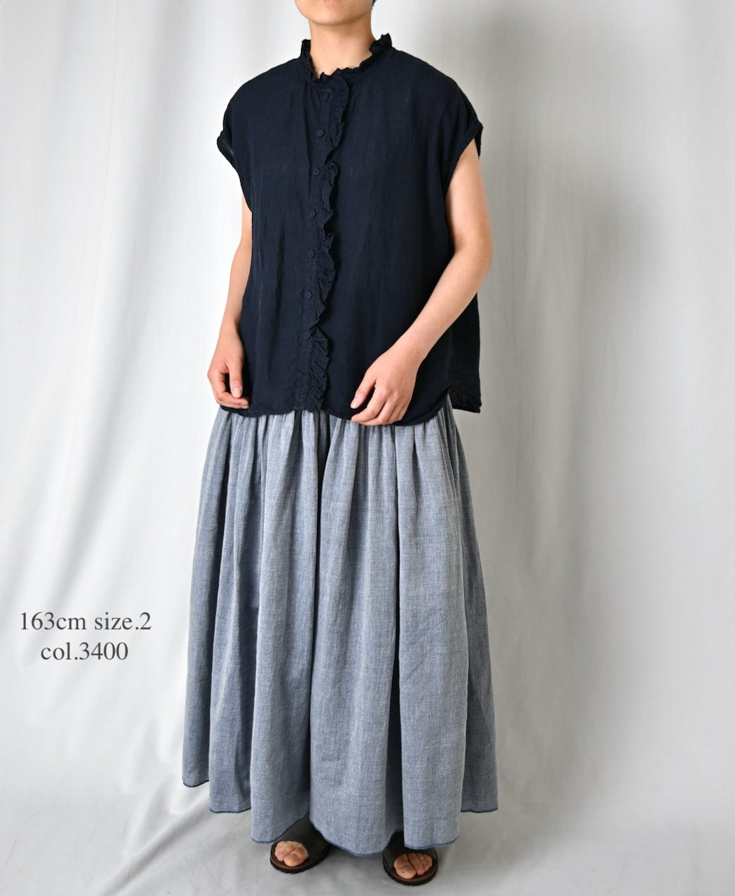 INMDS26043 HANDWOVEN YARN DYE CHAMBRAY PINTUCK FLARED SKIRT