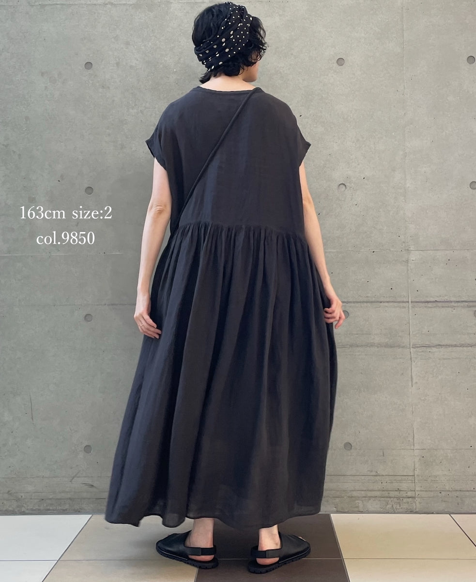 NMDS26272 80s POWER LOOM LINEN PLAIN BOAT-NECK LACE PULLOVER DRESS