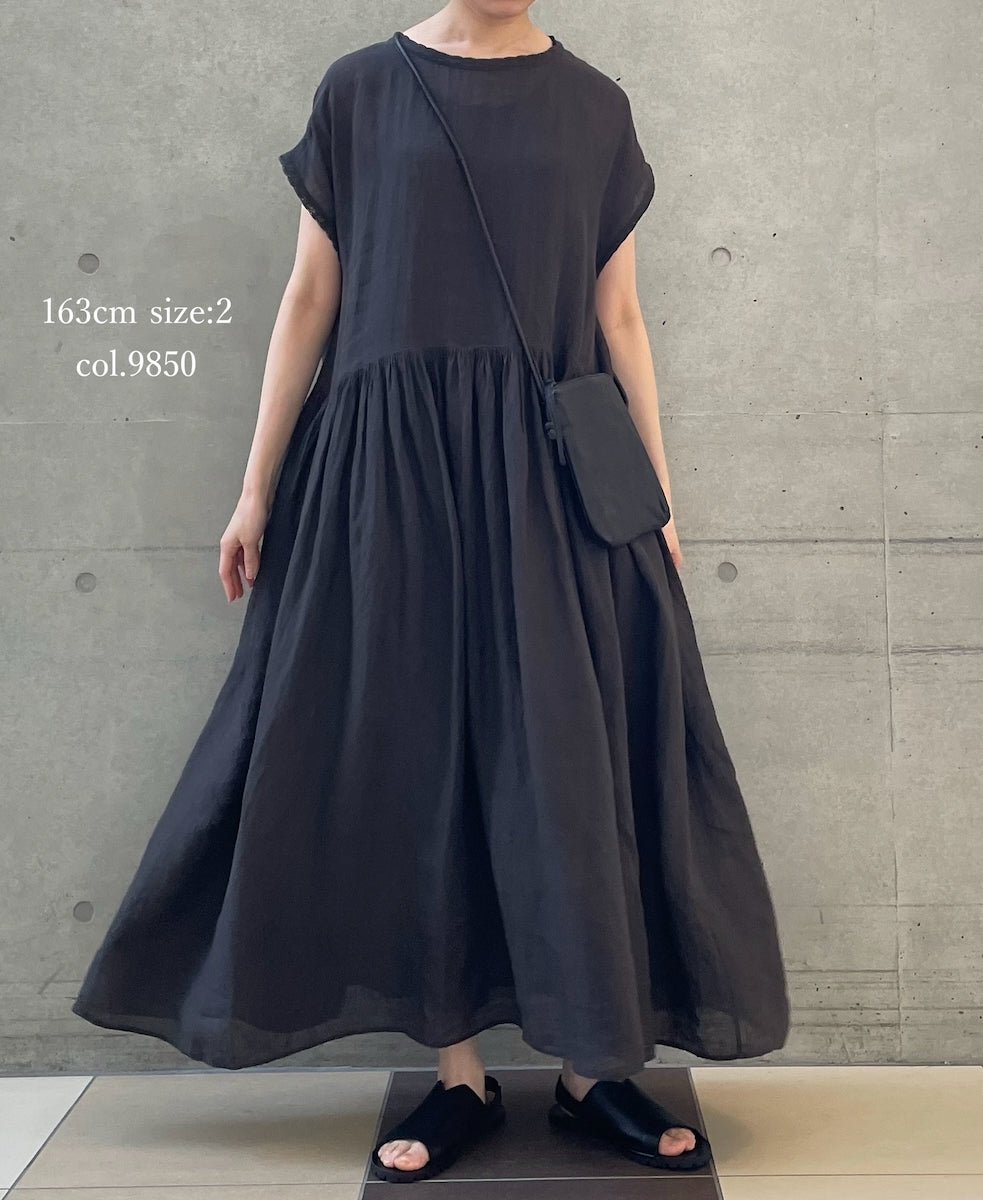 NMDS26272 80s POWER LOOM LINEN PLAIN BOAT-NECK LACE PULLOVER DRESS
