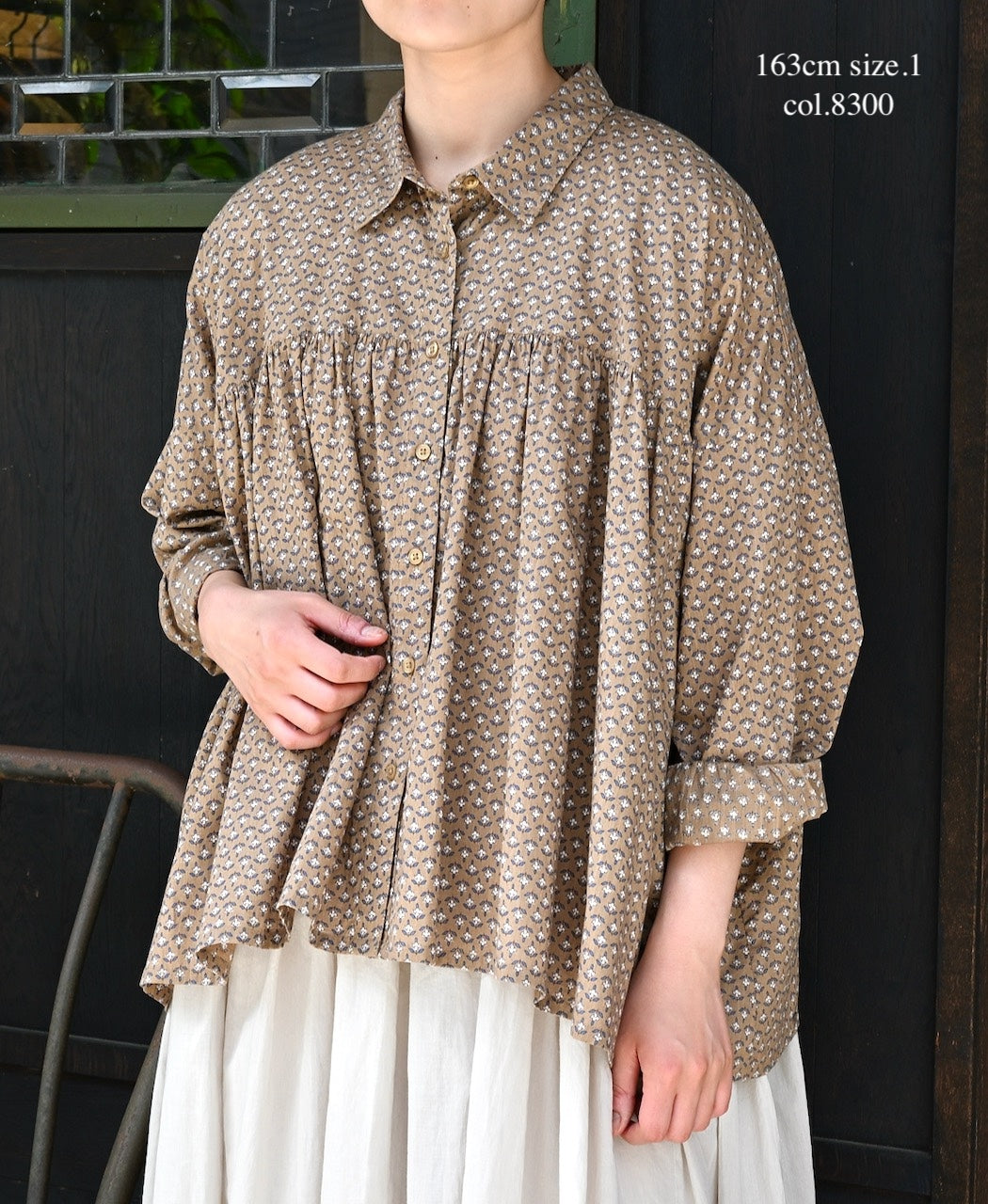 NSL26031 COTTON SLUB SMALL FLOWER PRINT REGULAR COLLAR GATHERED SHIRT SMOCK