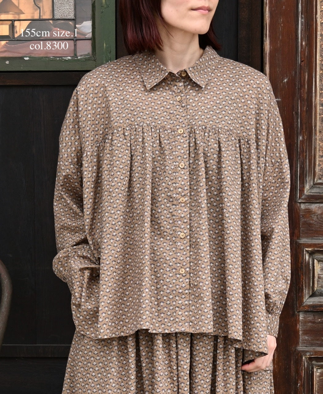 NSL26031 COTTON SLUB SMALL FLOWER PRINT REGULAR COLLAR GATHERED SHIRT SMOCK