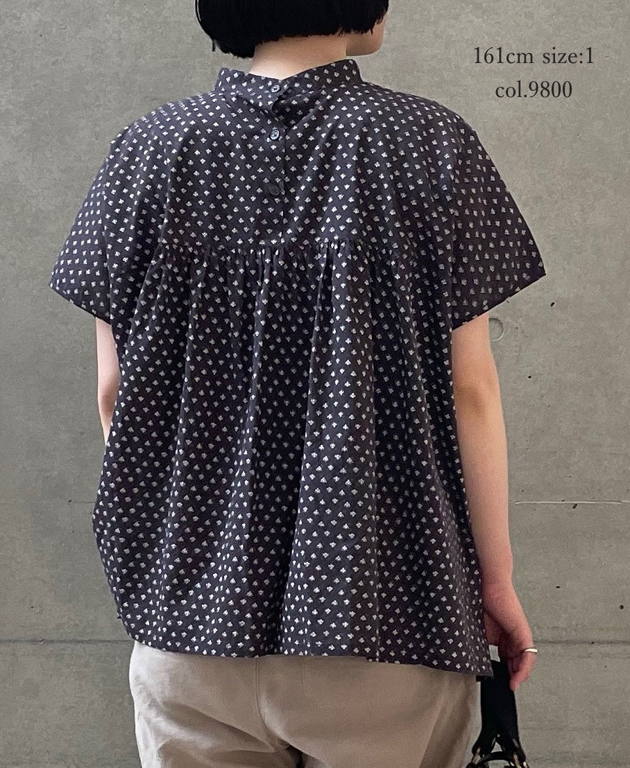 NSL26032 COTTON SLUB SMALL FLOWER PRINT BACK OPENING STAND COLLAR SHIRT