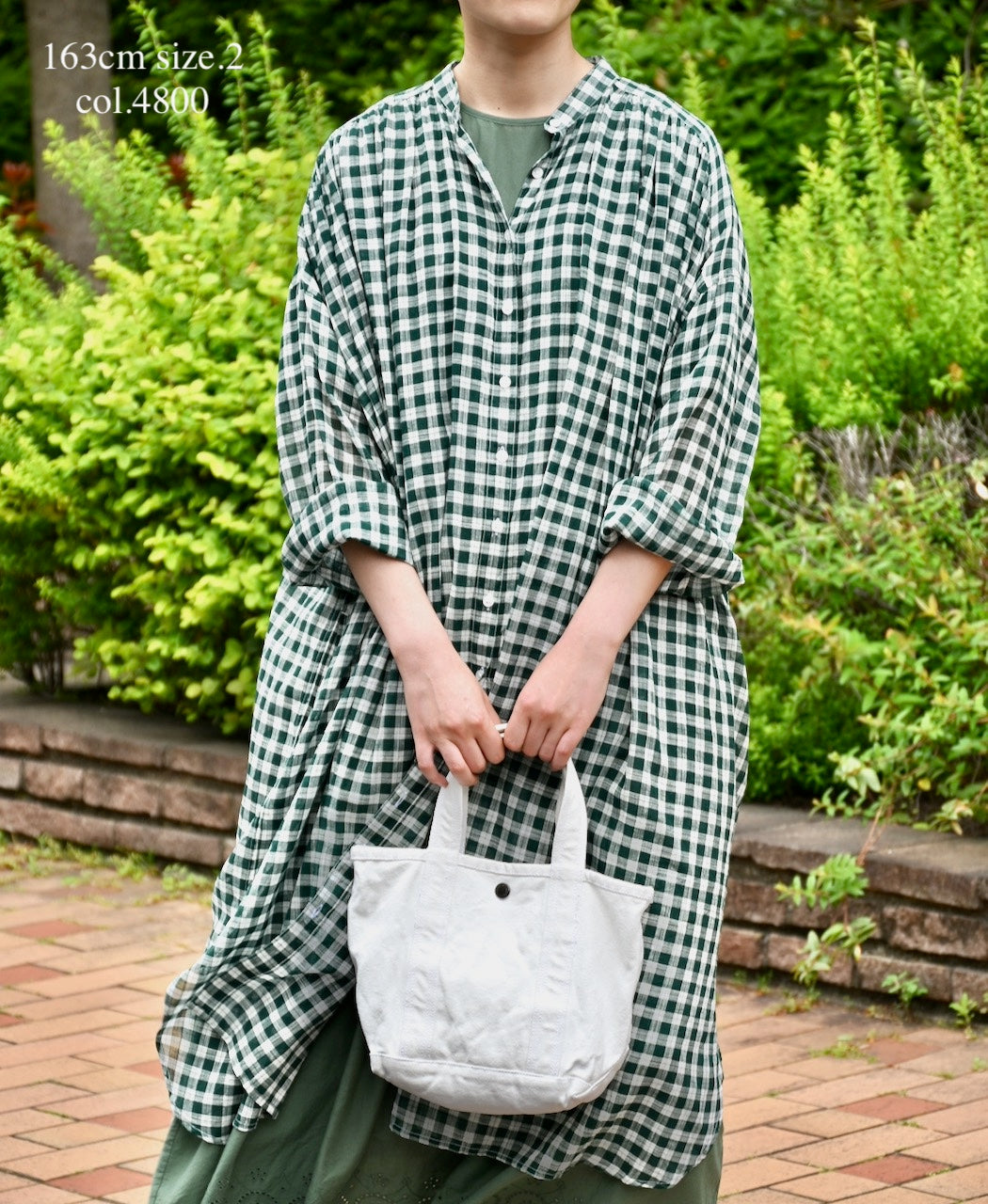 NSL26103 FANCY GINGHAM CHECK BANDED COLLAR GATHER SHIRT DRESS