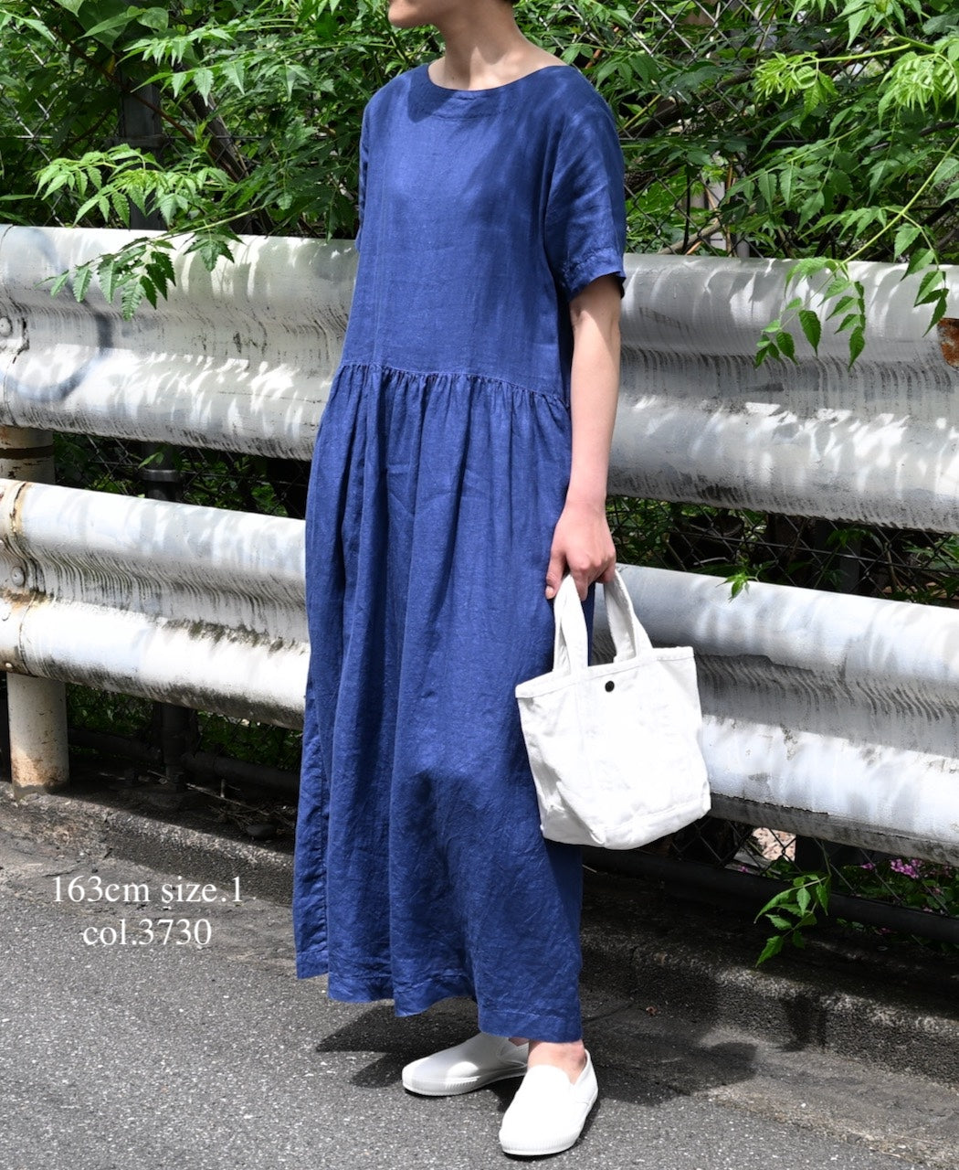 NAM1632LP LINEN PLAIN OVERDYE BOAT NECK S/SL ONE-PIECE