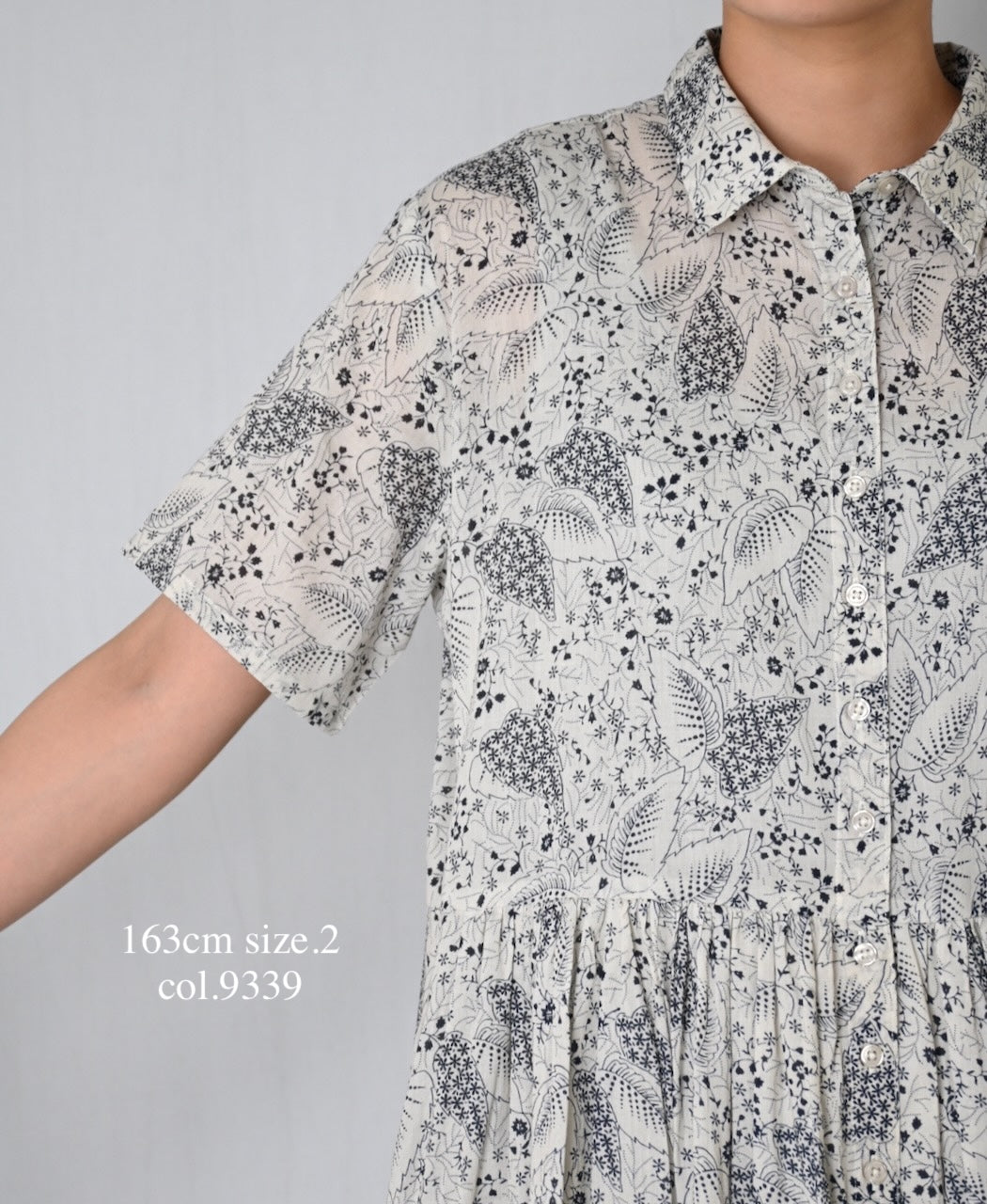 NSL26063 80s VOILE LEAF & FLOWER PRINT REGULAR COLLAR S/SL DRESS