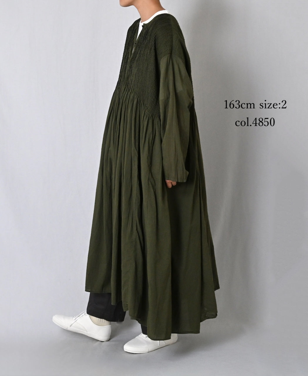NMDS26604D ORGANIC MICRO CHECK&VOILE PLAIN PATCHWORK OVERDYE CREW-NECK BUTTON SHIRT MAXI DRESS WITH PINTUCK