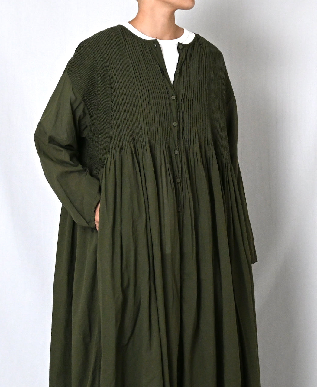 NMDS26604D ORGANIC MICRO CHECK&VOILE PLAIN PATCHWORK OVERDYE CREW-NECK BUTTON SHIRT MAXI DRESS WITH PINTUCK