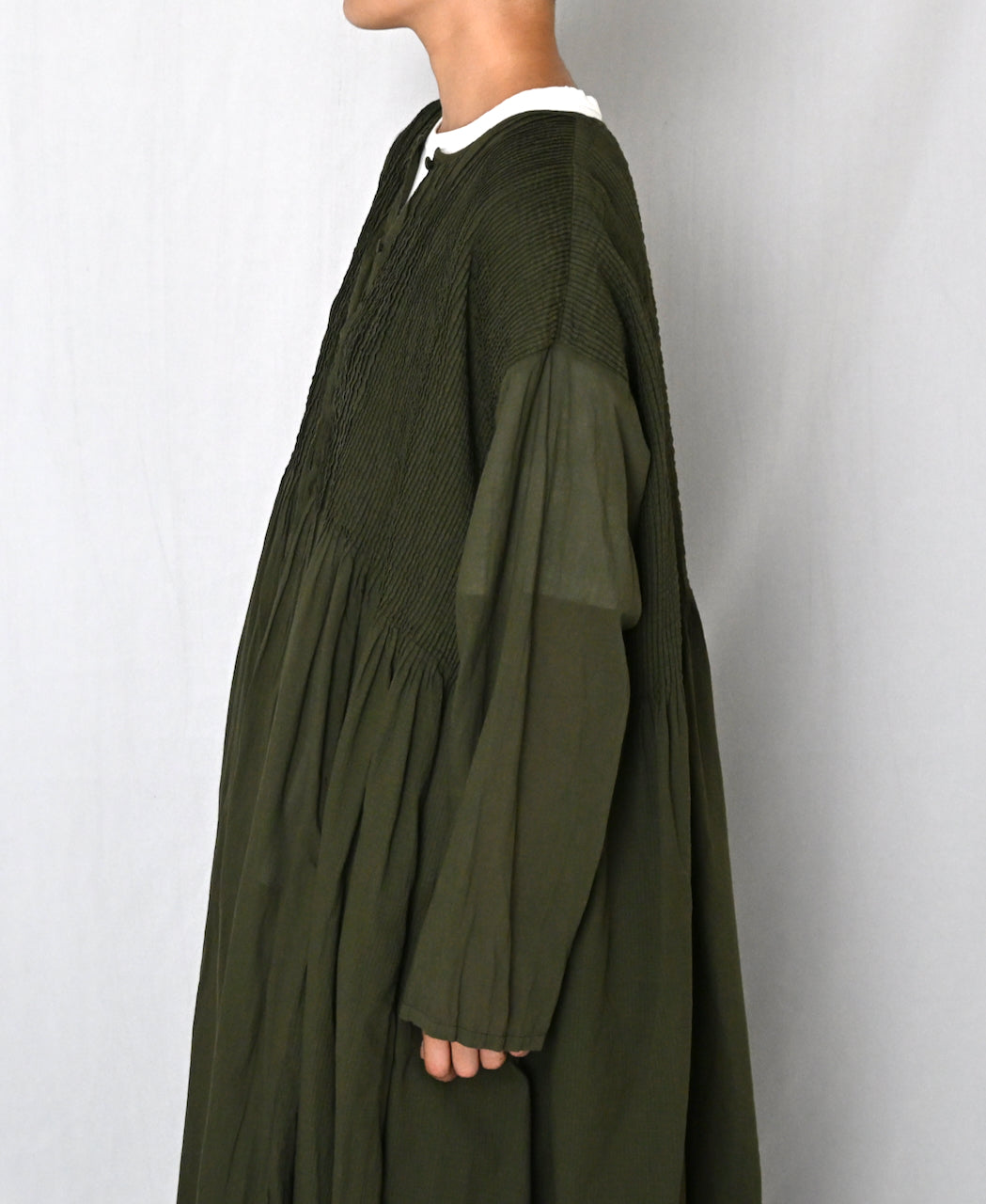 NMDS26604D ORGANIC MICRO CHECK&VOILE PLAIN PATCHWORK OVERDYE CREW-NECK BUTTON SHIRT MAXI DRESS WITH PINTUCK