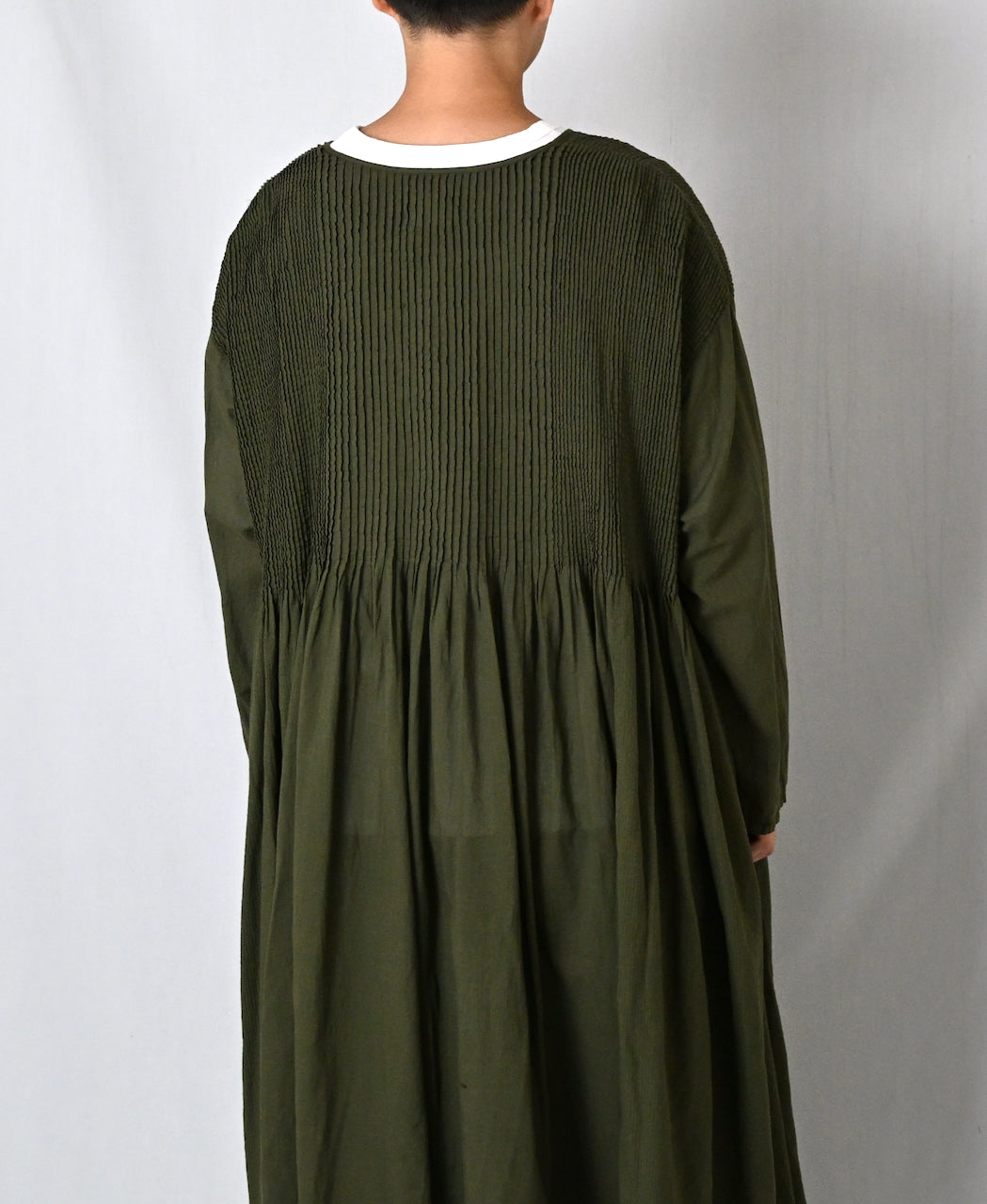NMDS26604D ORGANIC MICRO CHECK&VOILE PLAIN PATCHWORK OVERDYE CREW-NECK BUTTON SHIRT MAXI DRESS WITH PINTUCK