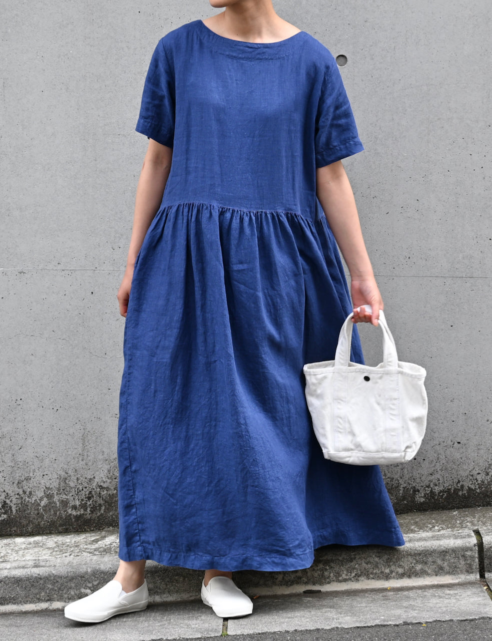 NAM1632LP LINEN PLAIN OVERDYE BOAT NECK S/SL ONE-PIECE
