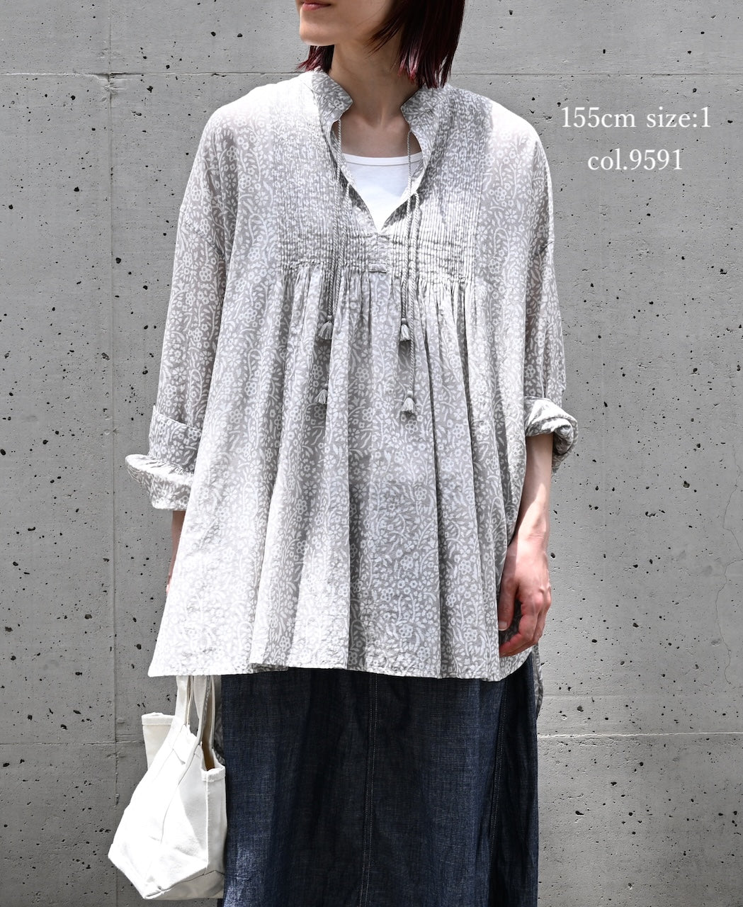INMDS26102 80s COTTON FLOWER BLOCK PRINT BANDED COLLAR MINI PINTUCK TUNIC