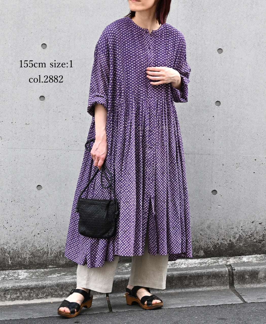 INMDS26084 80s VOILE SQUARE BLOCK PRINT CREW NECK BUTTON SHIRTS DRESS WITH MINI PINTUCK