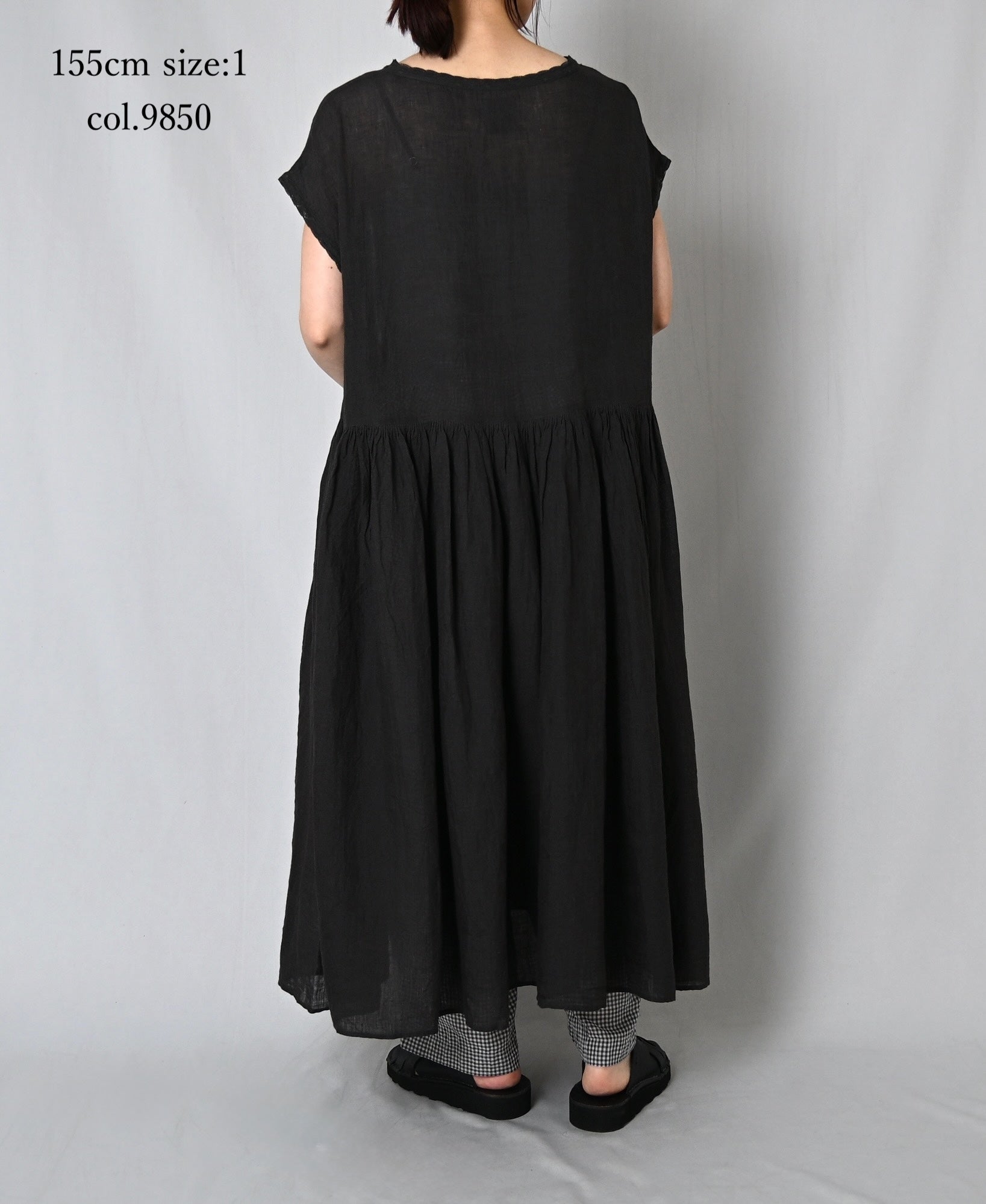 NMDS26272 80s POWER LOOM LINEN PLAIN BOAT-NECK LACE PULLOVER DRESS