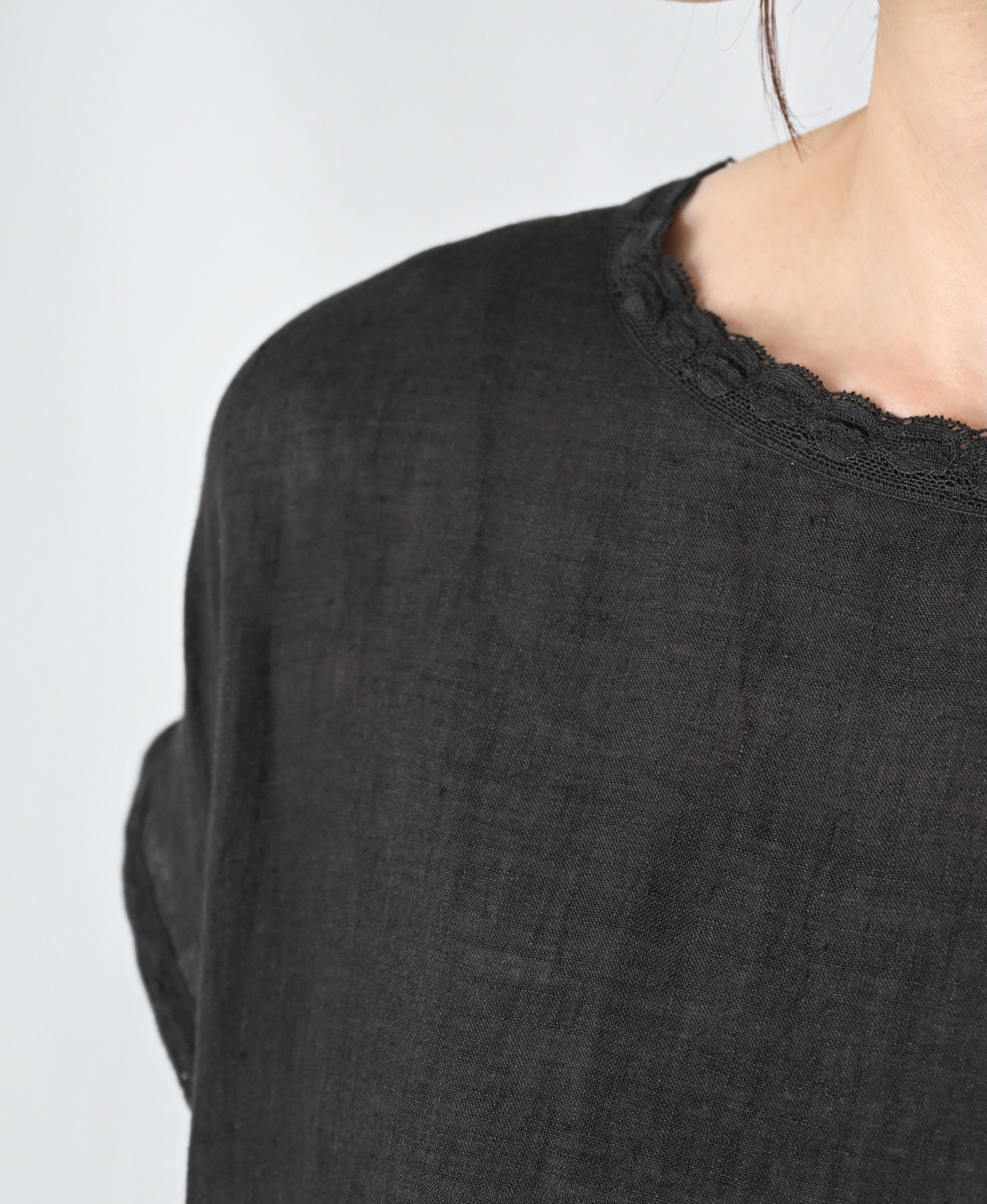 NMDS26272 80s POWER LOOM LINEN PLAIN BOAT-NECK LACE PULLOVER DRESS