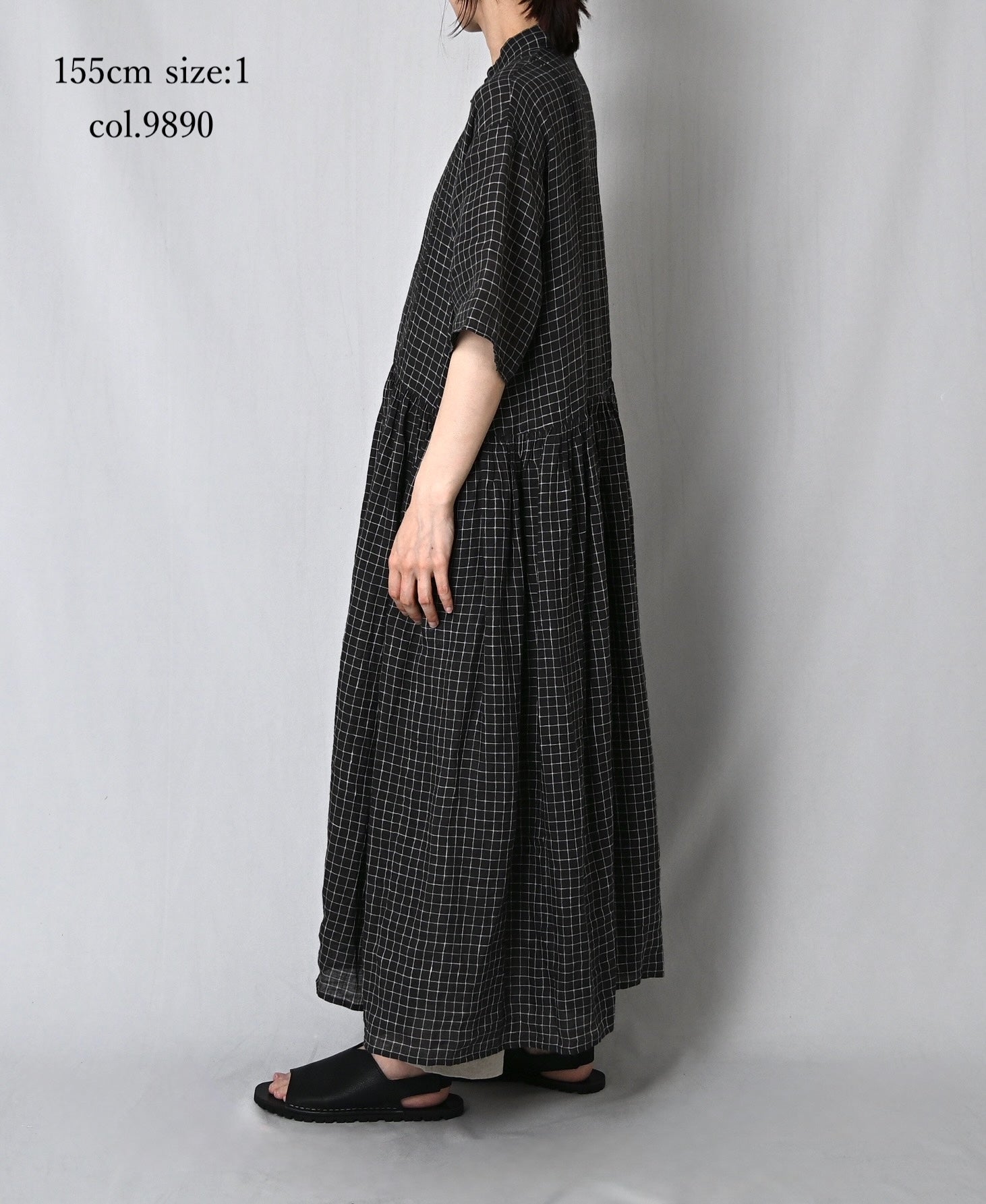 NMDS26284 80s POWER LOOM LINEN CHECK REGULAR COLLAR DRESS WITH RAJASTAN GATHER