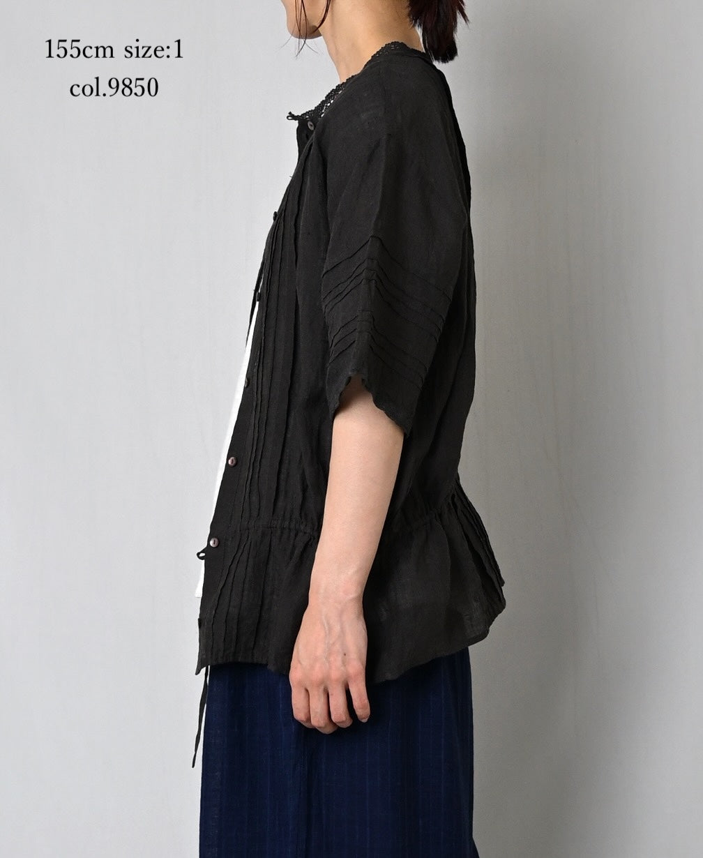 NMDS26271 80s POWER LOOM LINEN PLAIN LACE PINTUCK HALF/SLEEVE 2WAY SHIRT