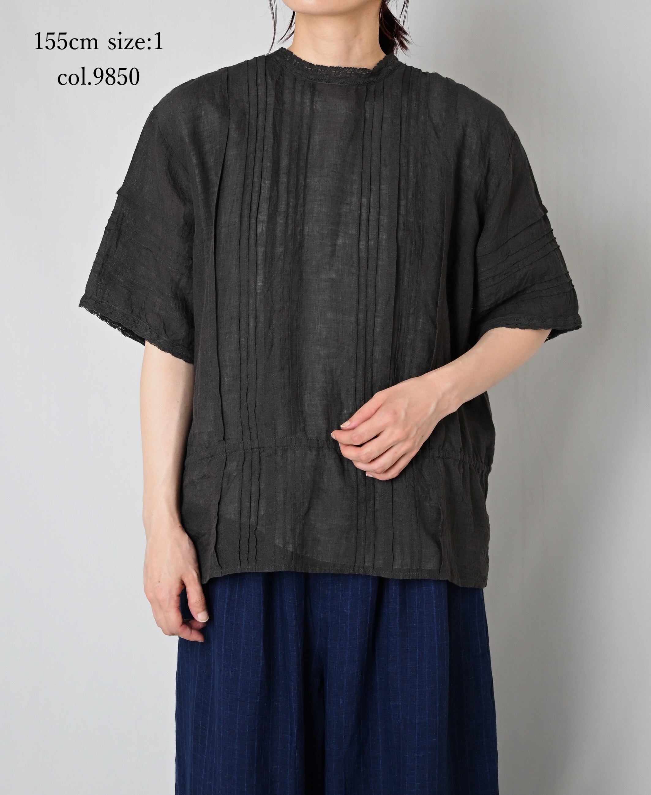 NMDS26271 80s POWER LOOM LINEN PLAIN LACE PINTUCK HALF/SLEEVE 2WAY SHIRT