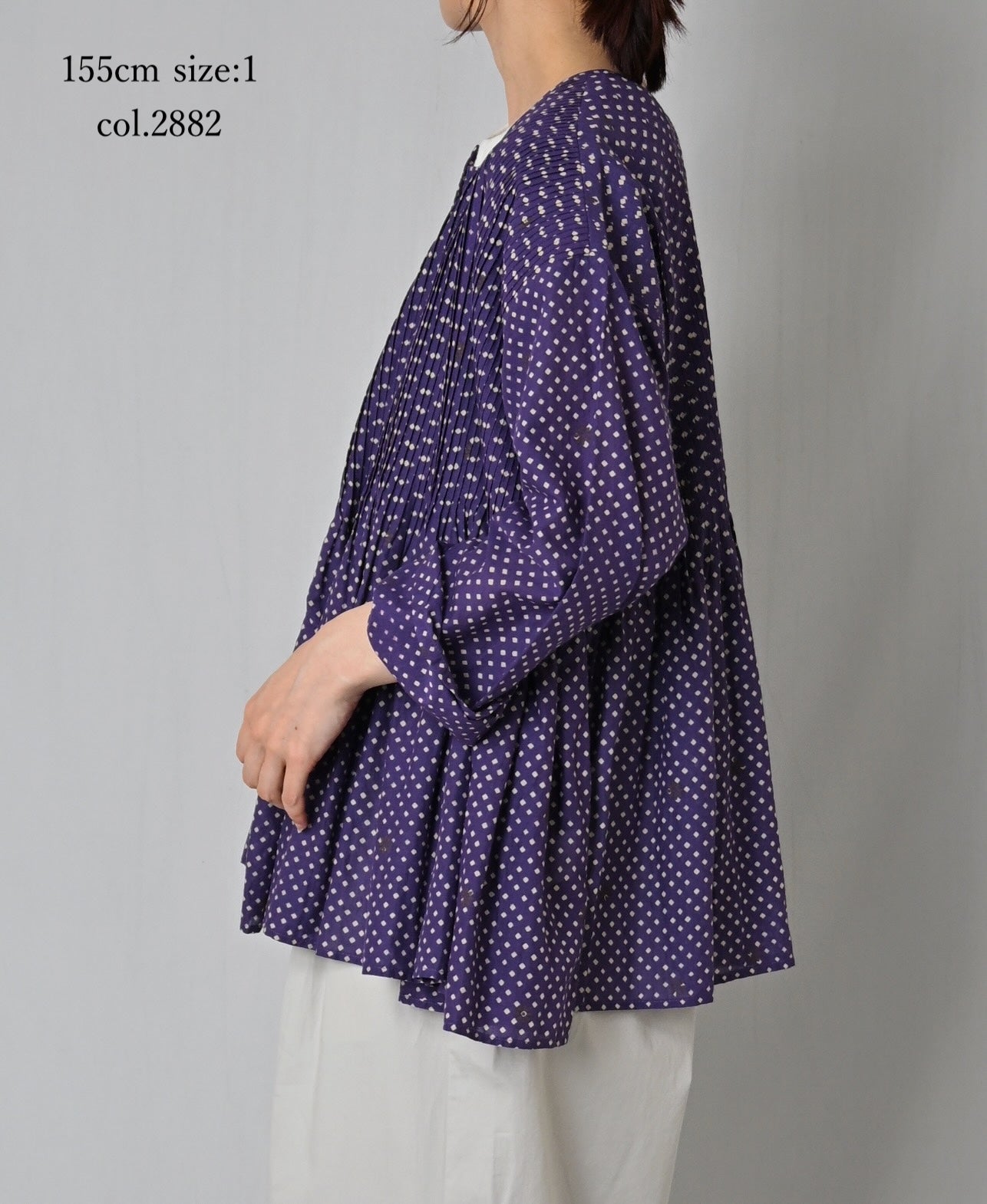 INMDS26083 80s VOILE SQUARE BLOCK PRINT CREW NECK BUTTON SHIRTS WITH MINI PINTUCK