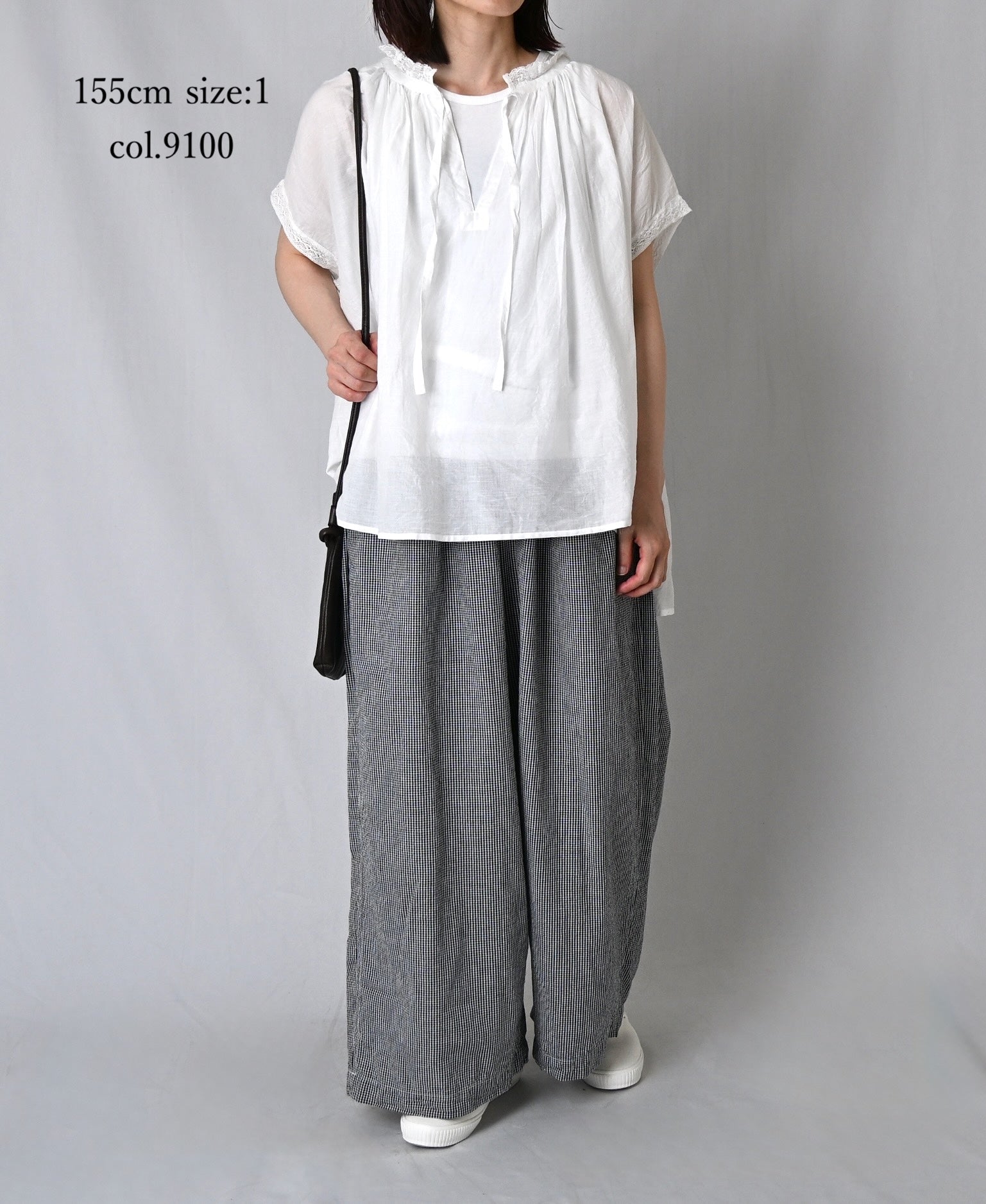 NSL26092 80s COTTON VOILE LACE LACE&STRING COLLAR GATHERED SHIRT