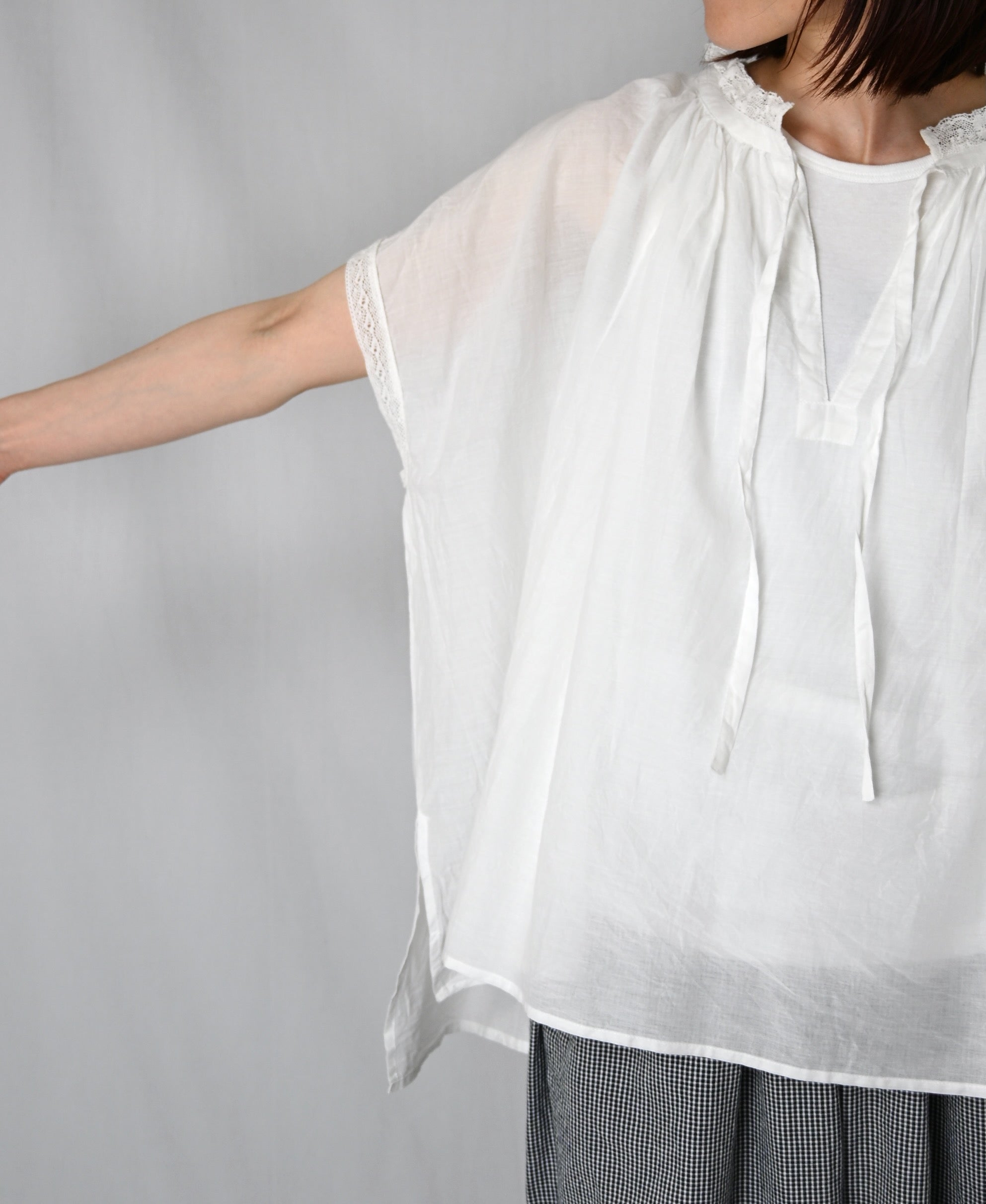 NSL26092 80s COTTON VOILE LACE LACE&STRING COLLAR GATHERED SHIRT