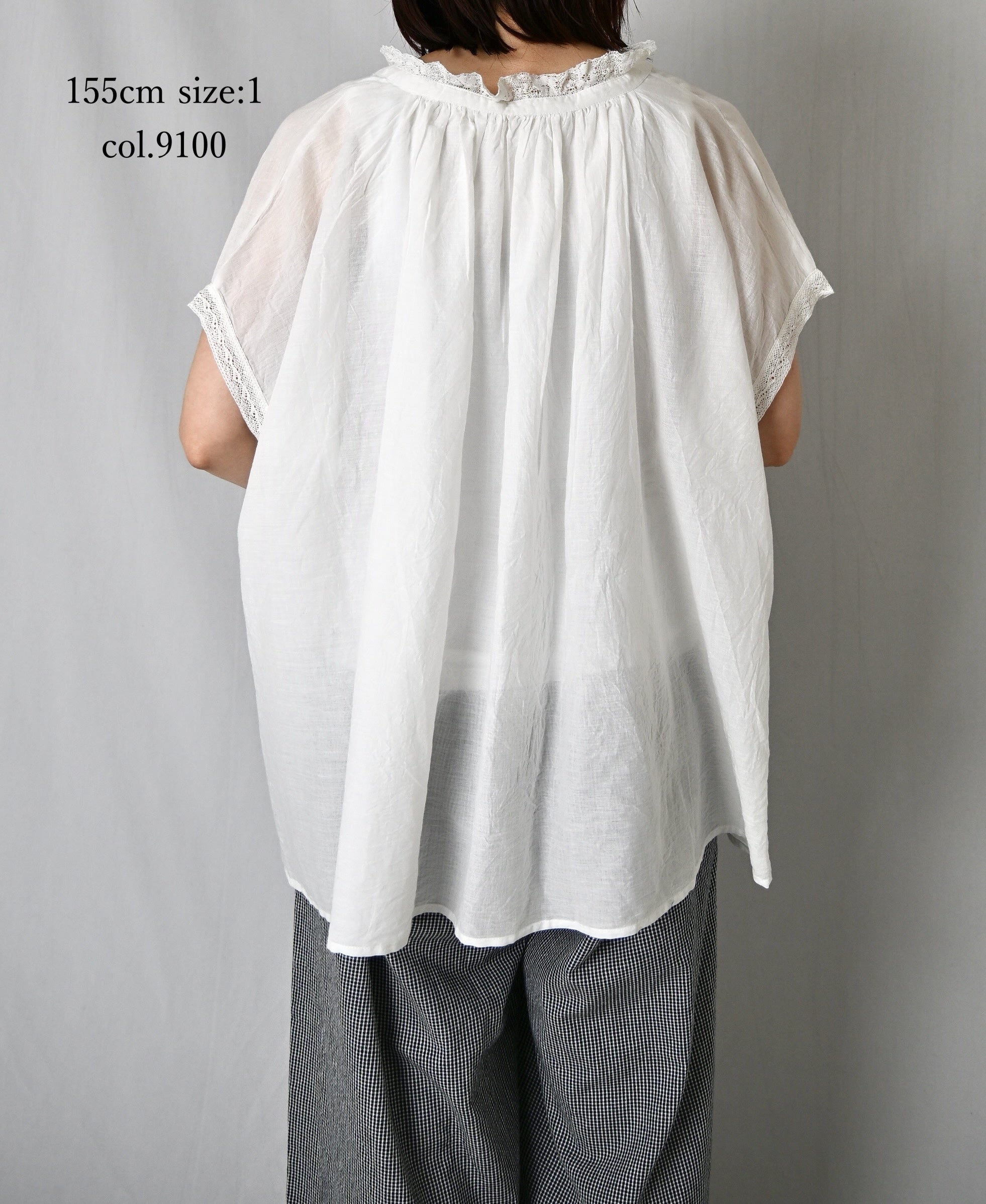 NSL26092 80s COTTON VOILE LACE LACE&STRING COLLAR GATHERED SHIRT