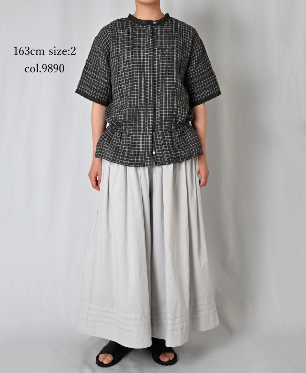 NMDS26281 80s POWER LOOM LINEN CHECK LACE PINTUCK HALF/SLEEVE 2WAY SHIRT